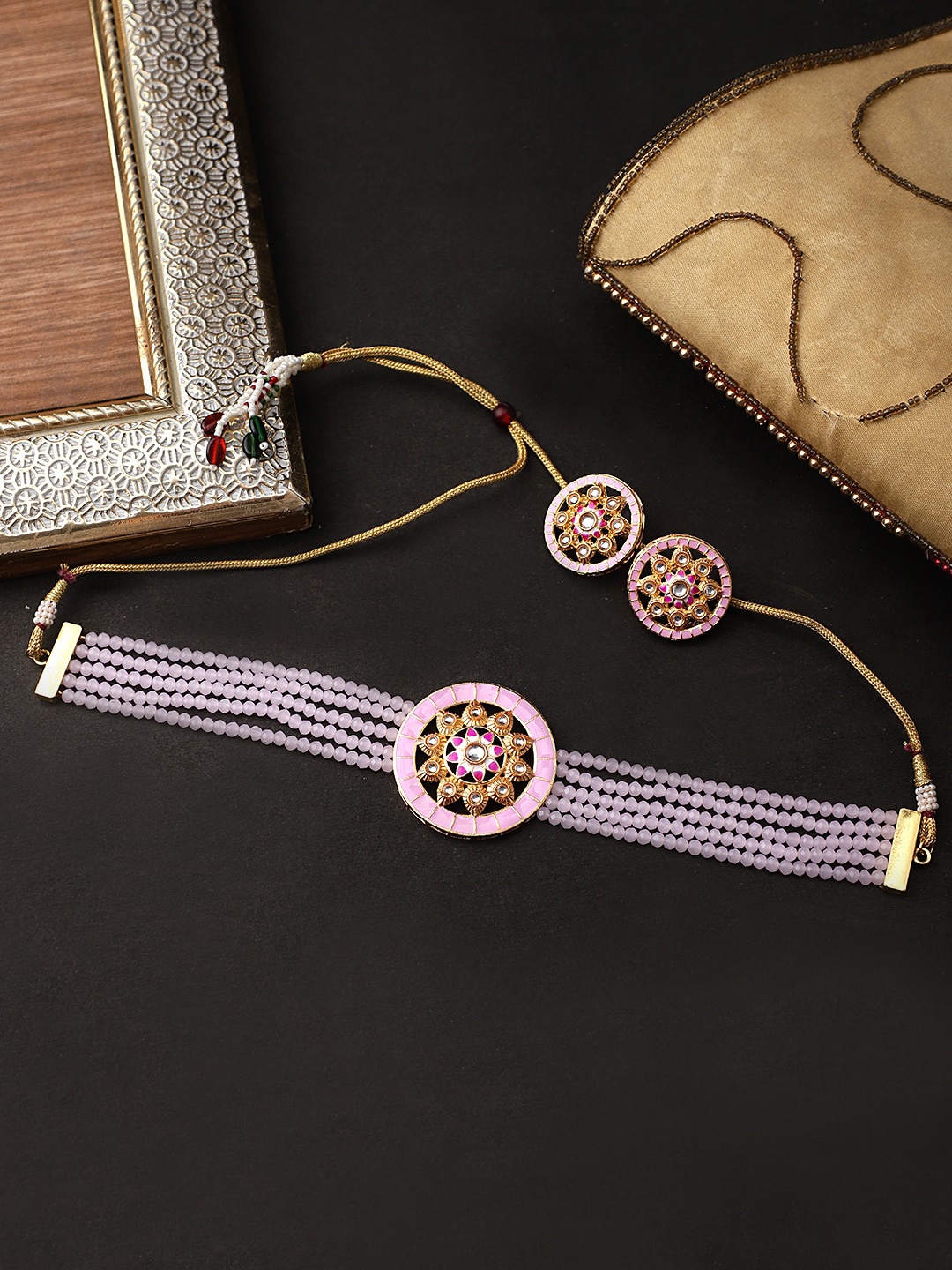 

STEORRA JEWELS Gold-Plated Pink & White Kundan Studded & Beaded Jewellery Set