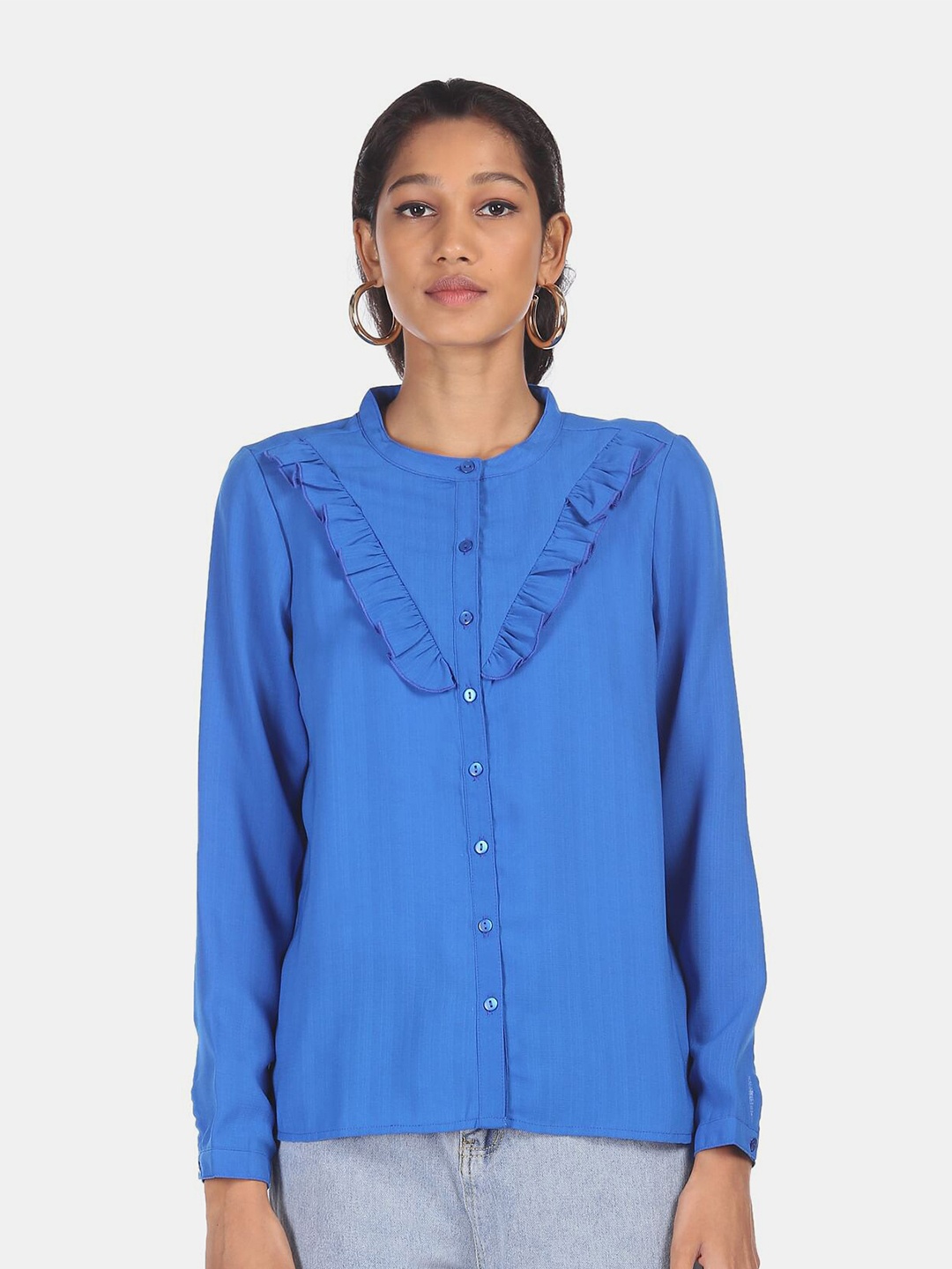 

SHFFL Blue Mandarin Collar Ruffled Shirt Style Top