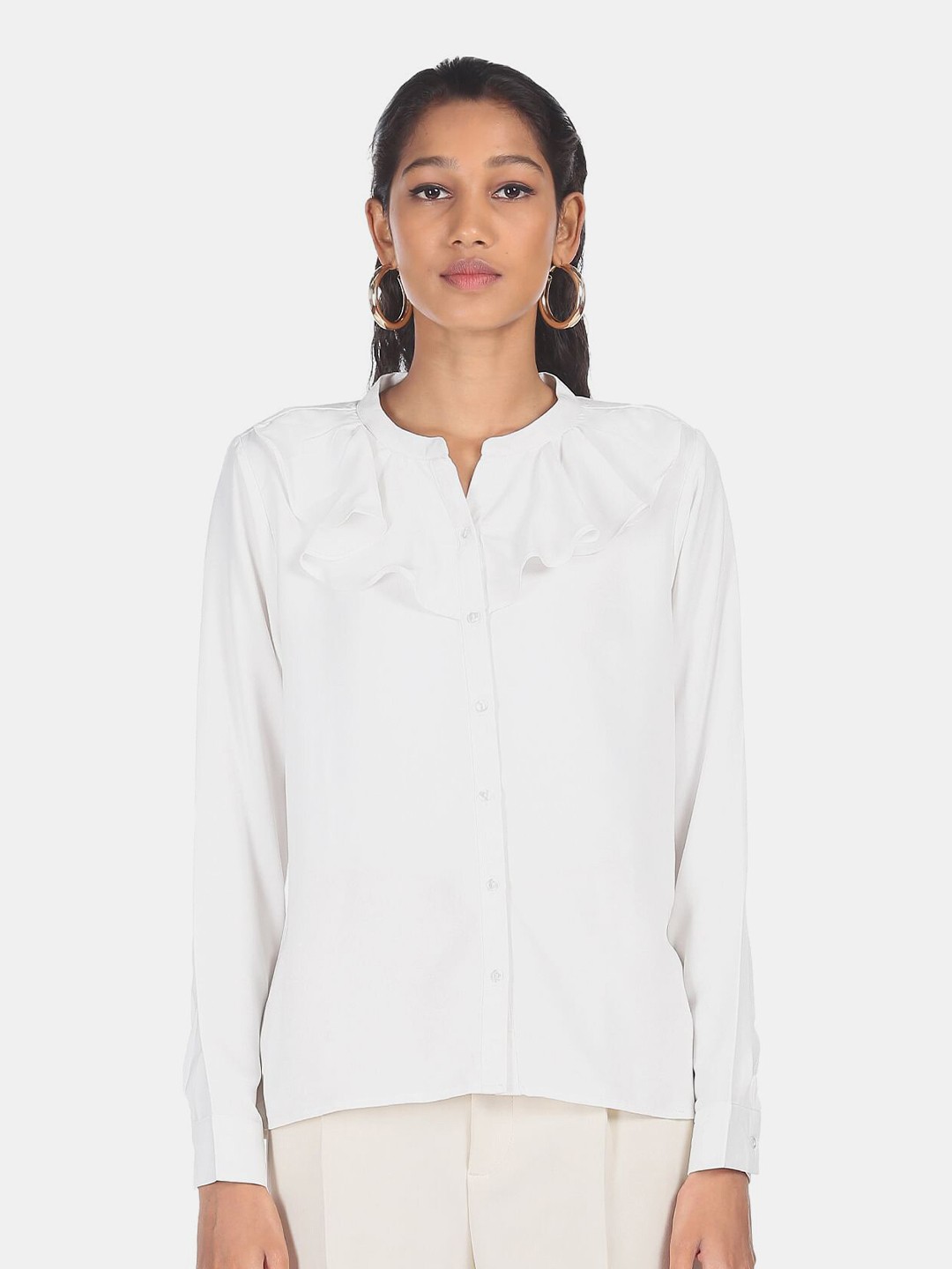 

SHFFL White Mandarin Collar Mandarin Neck Ruffle Trim Shirt Style Top