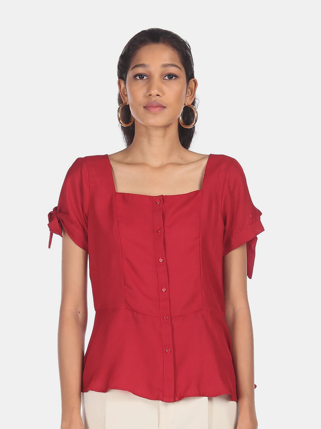 

SHFFL Red Solid Peplum Top