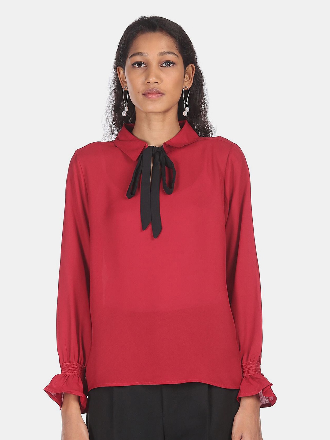 

SHFFL Red Solid Tie-Up Neck Full Sleeves Casual Top