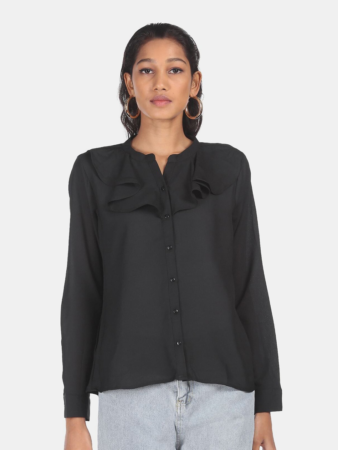 

SHFFL Black Mandarin Collar Ruffles Shirt Style Top