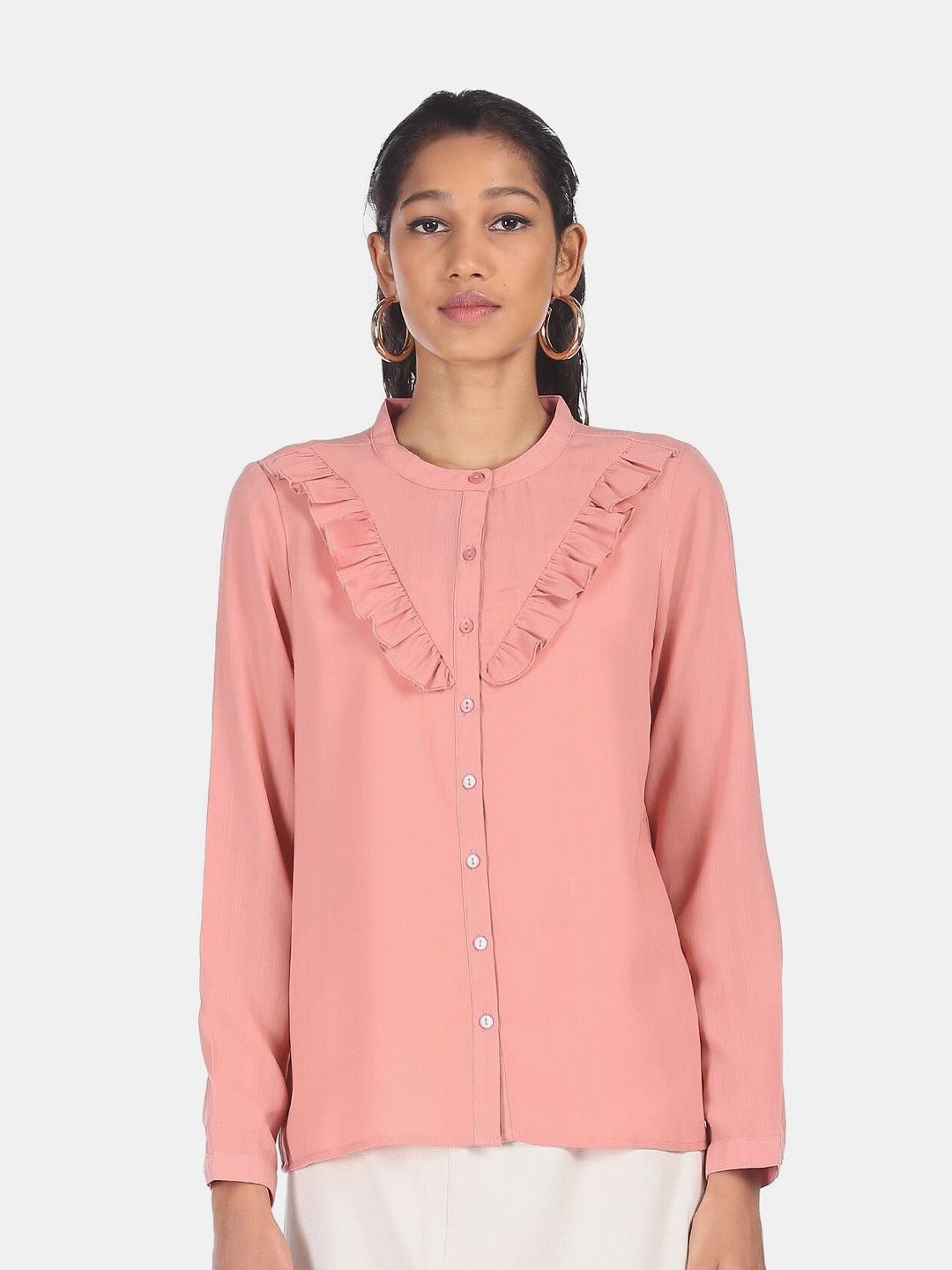 

SHFFL Pink Solid Mandarin Collar Full Sleeves Casual Top