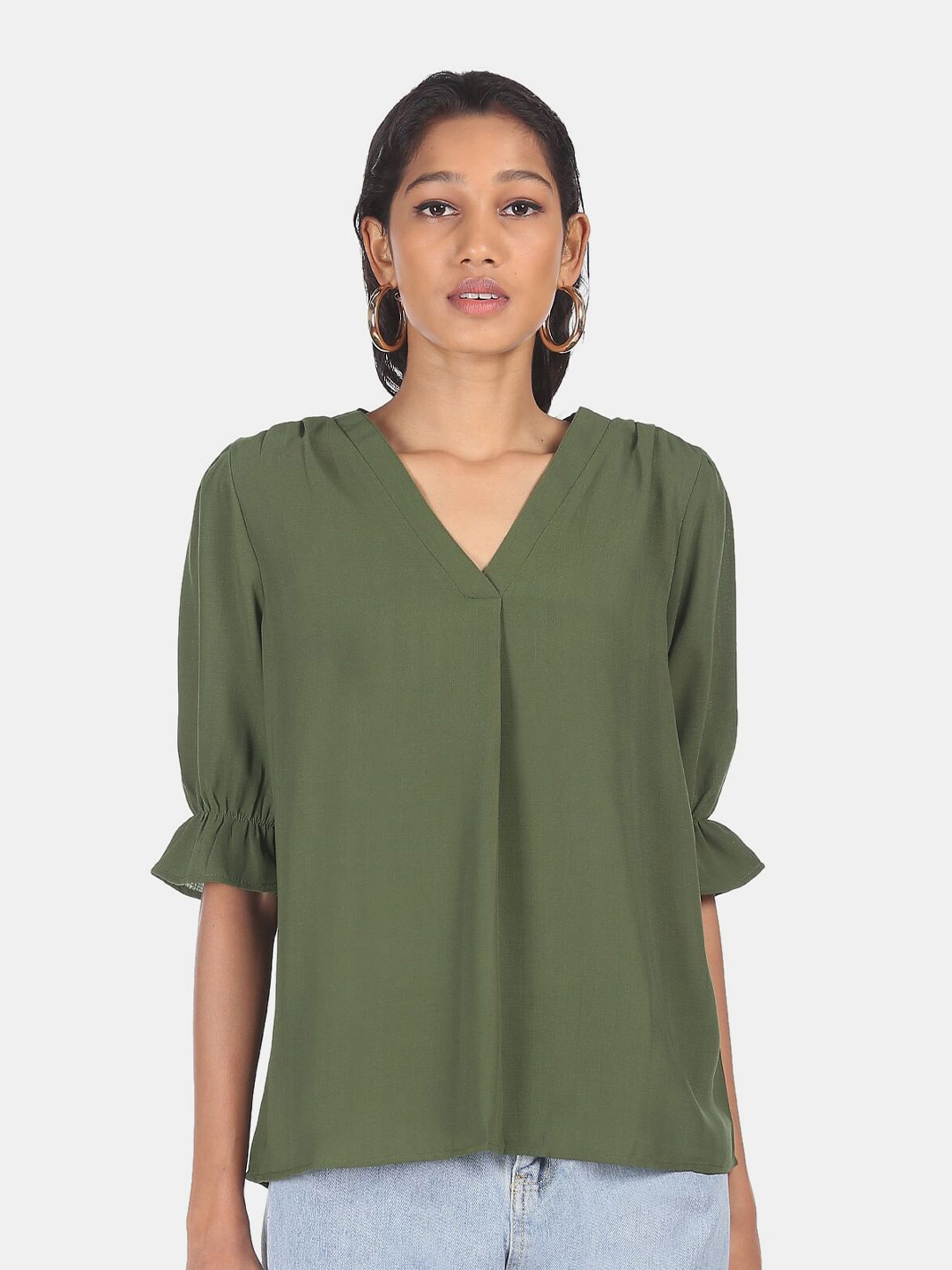 

SHFFL Women Olive V-Neck Solid Top