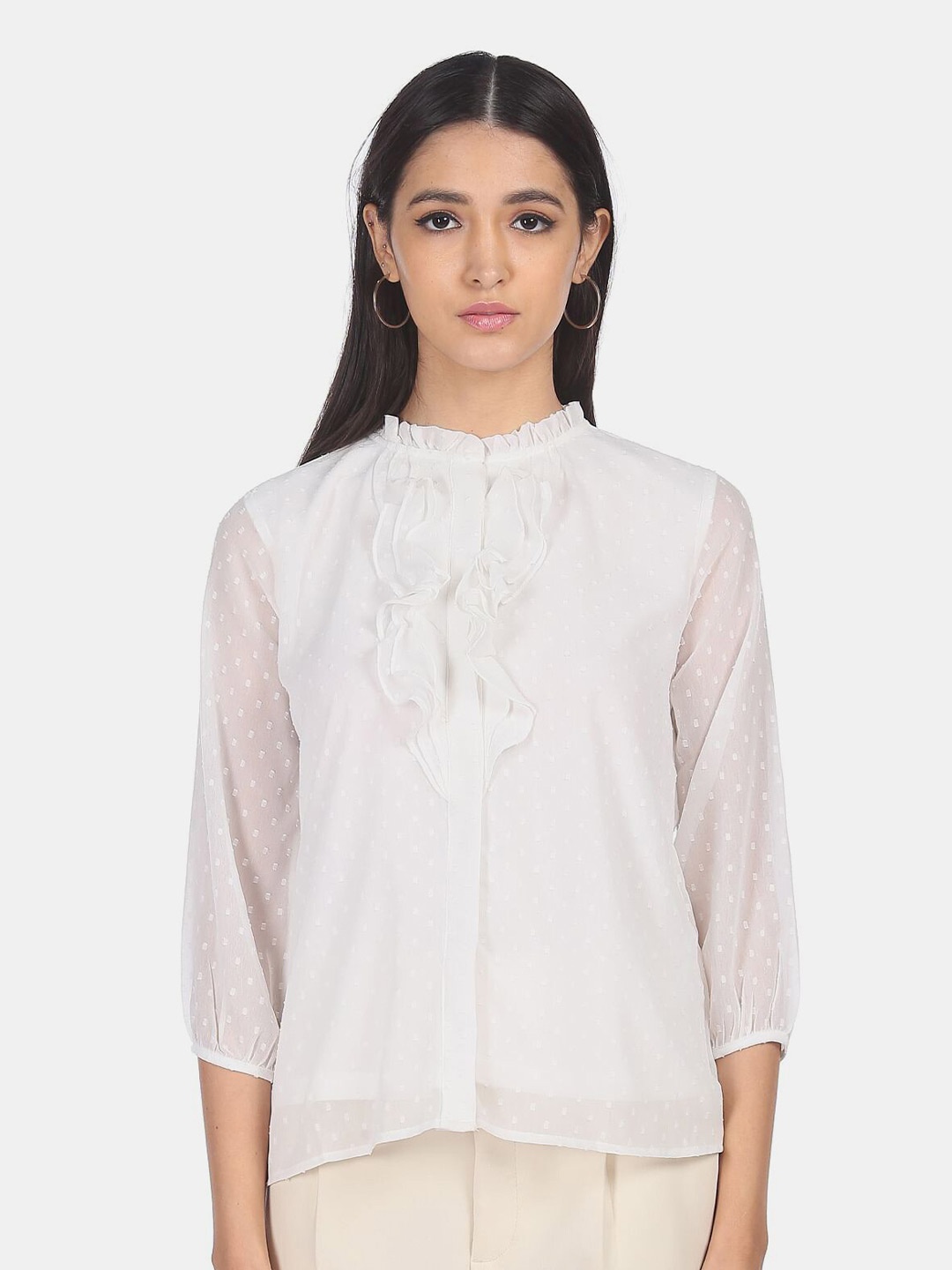 

SHFFL Off White Ruffles Dobby Shirt Style Top