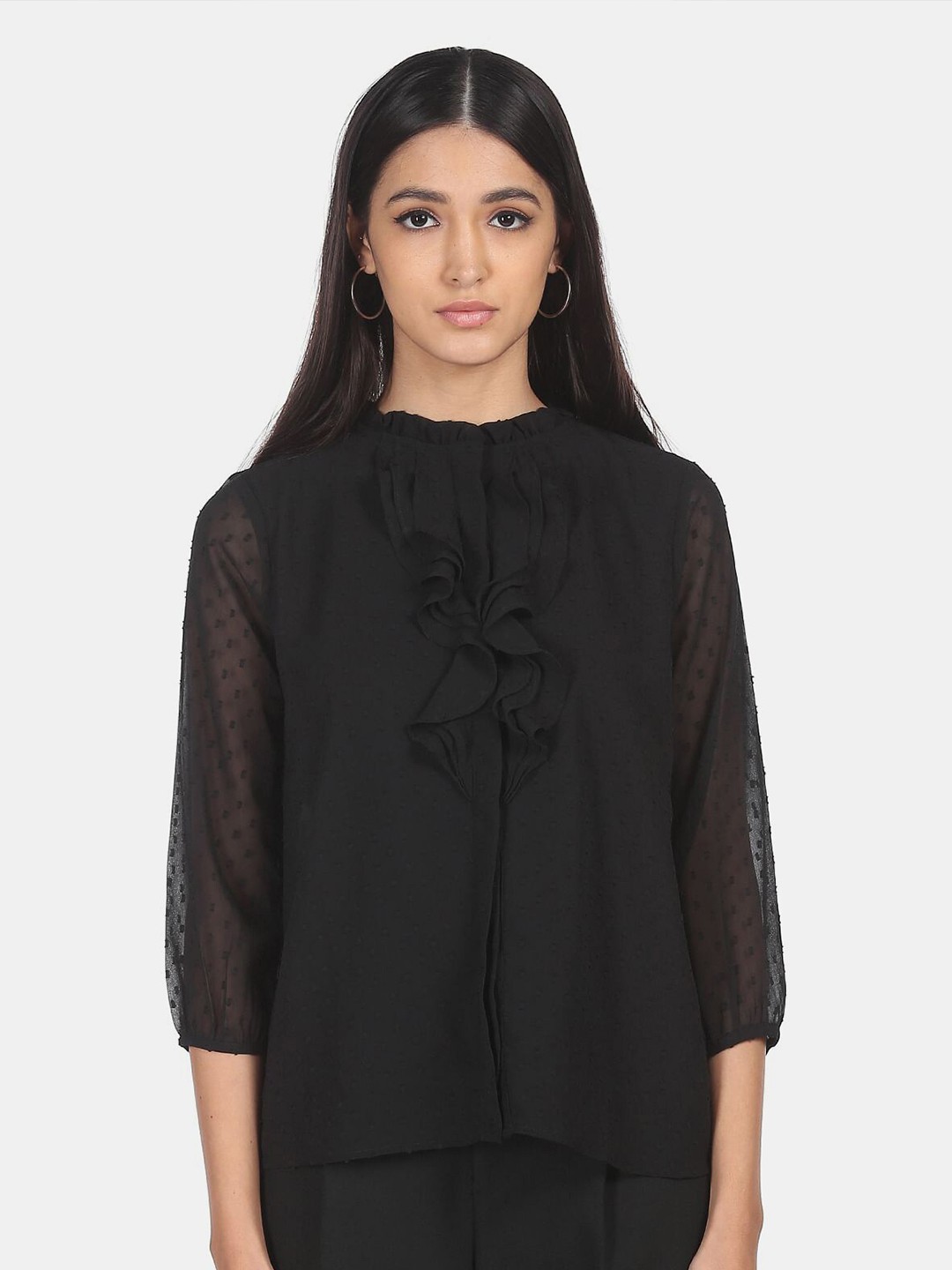 

SHFFL Black Solid Mandarin Collar Casual Top