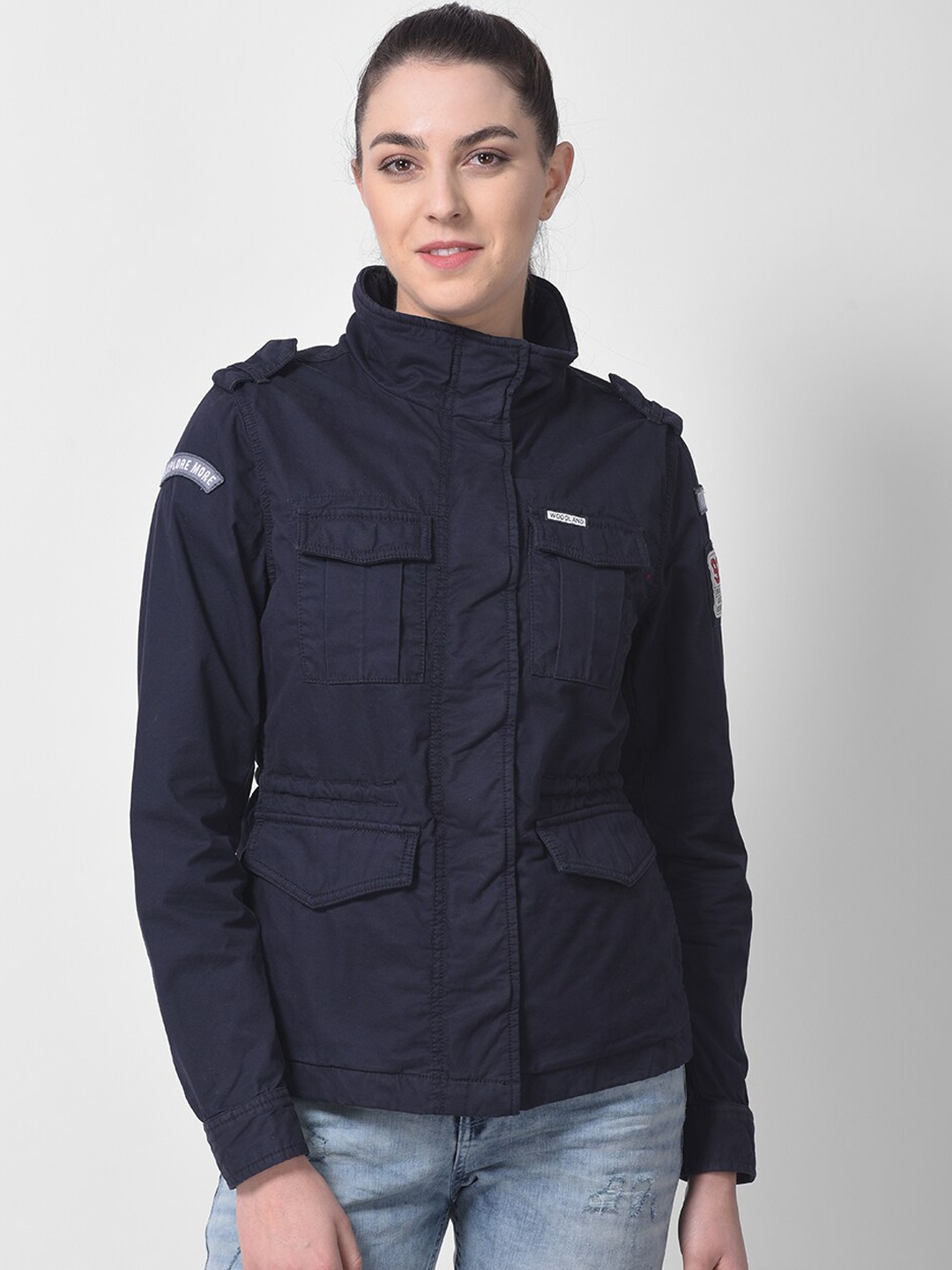 

Woodland Women Navy Blue Camouflage Denim Jacket with Patchwork