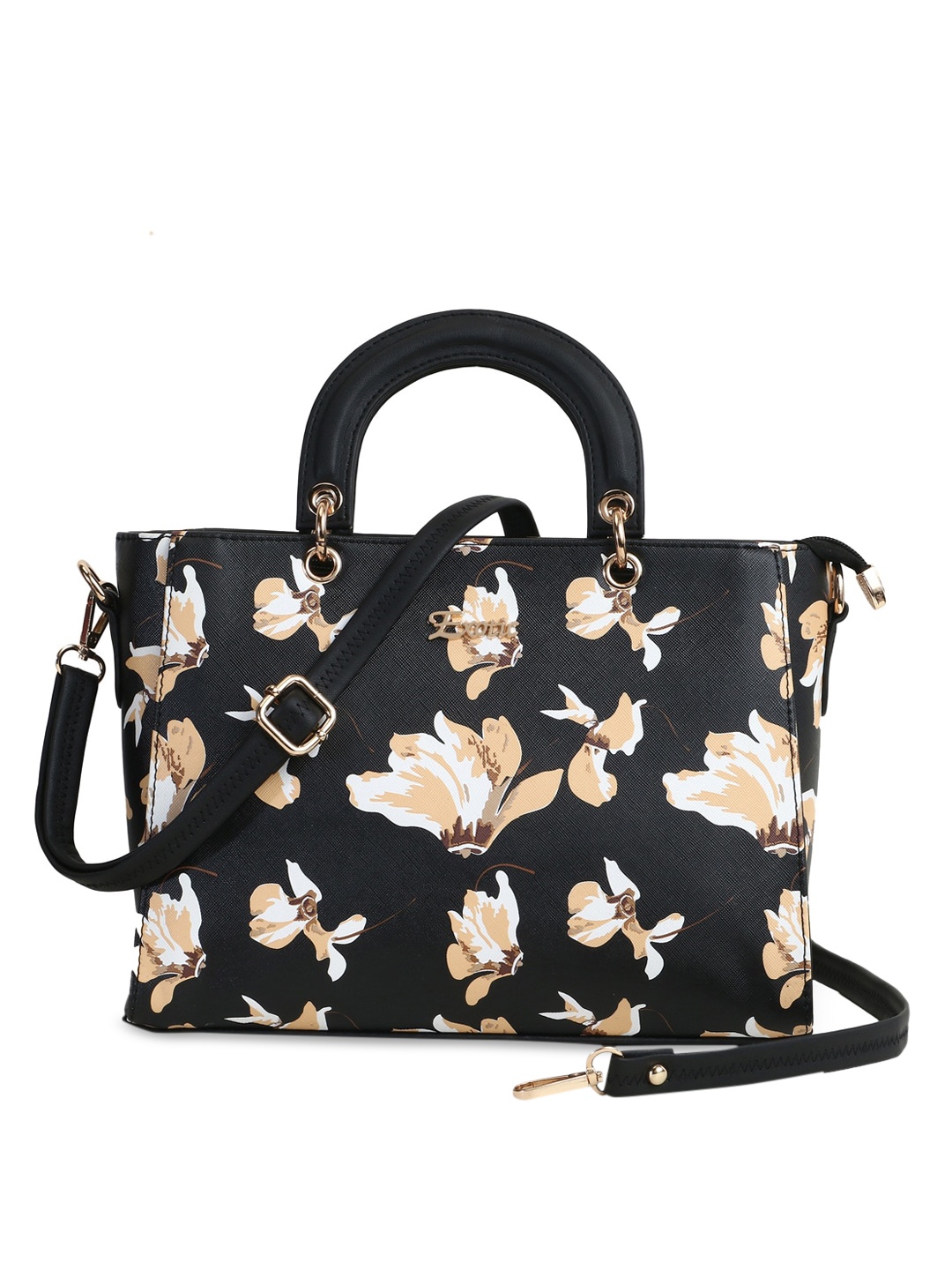 

Exotic Black Floral Printed Structured Handheld Bag