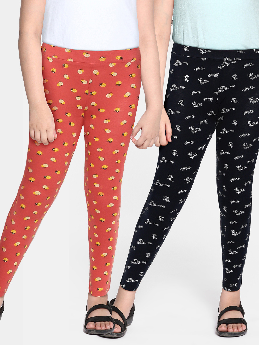 

HERE&NOW Girls Pack of 2 Printed Ankle Length Leggings, Navy blue