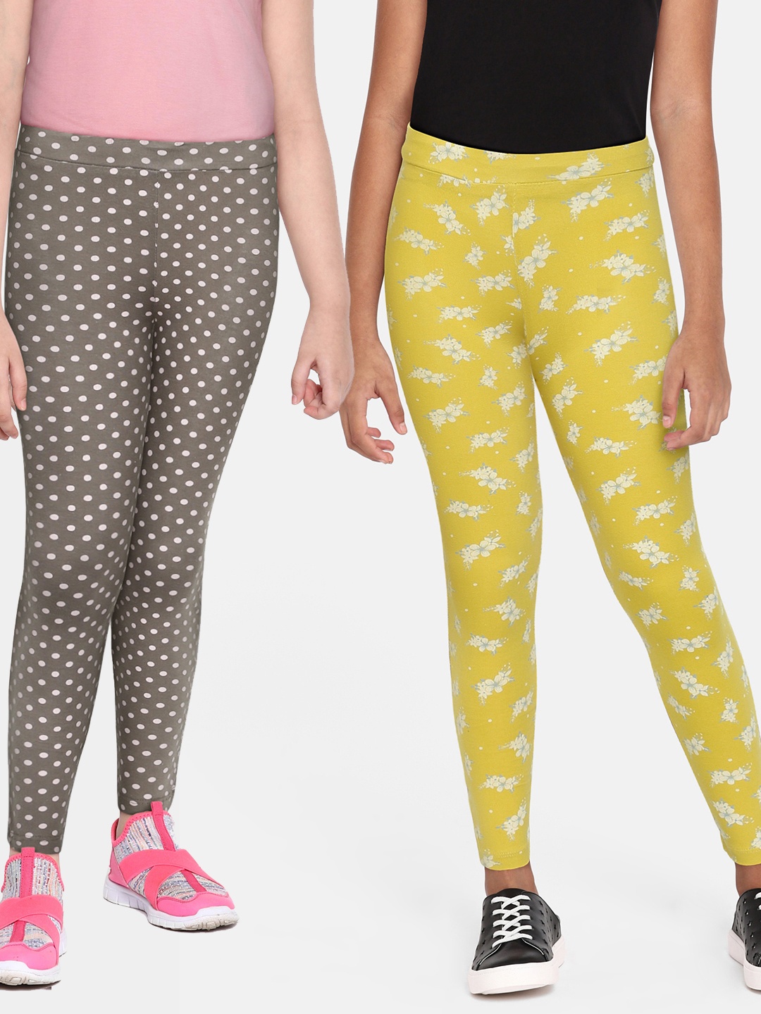 

HERE&NOW Girls Set of Grey Polka Dots & Yellow Floral Printed Leggings