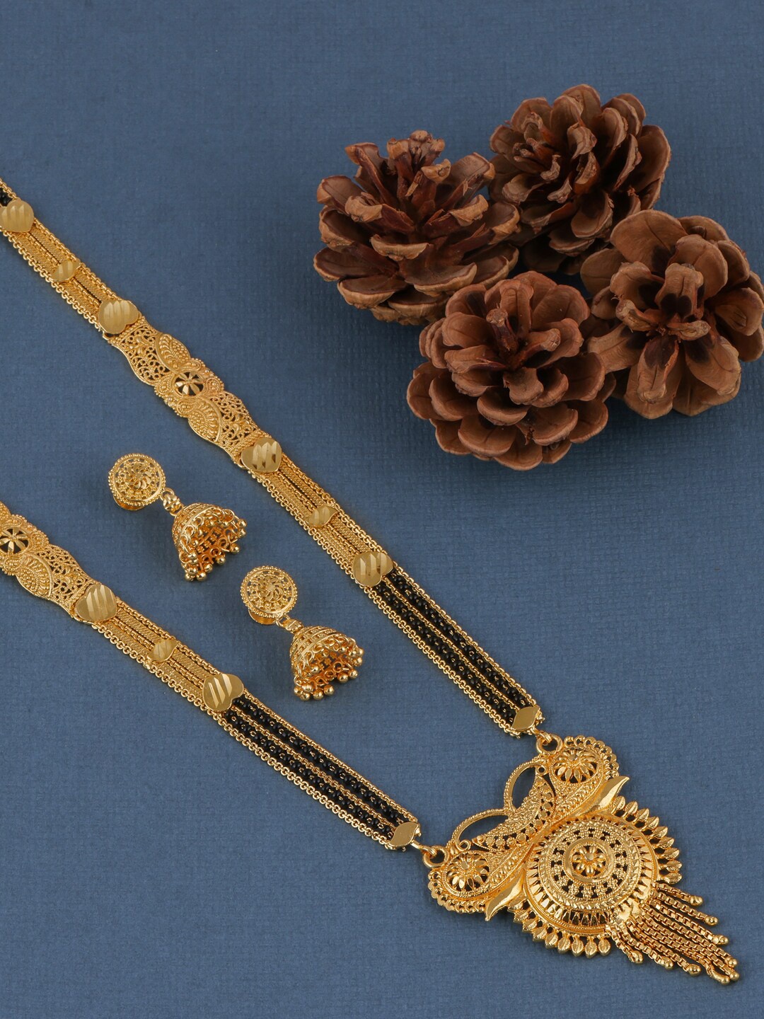 

Brandsoon Gold-Plated Black Beaded Mangalsutra With Earrings