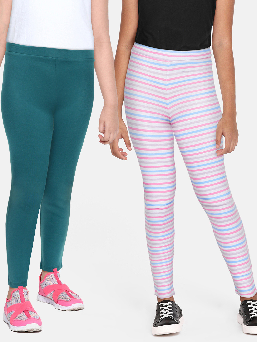 

HERE&NOW Girls Pack Of 2 White & Teal Blue Knitted Ankle Length Leggings