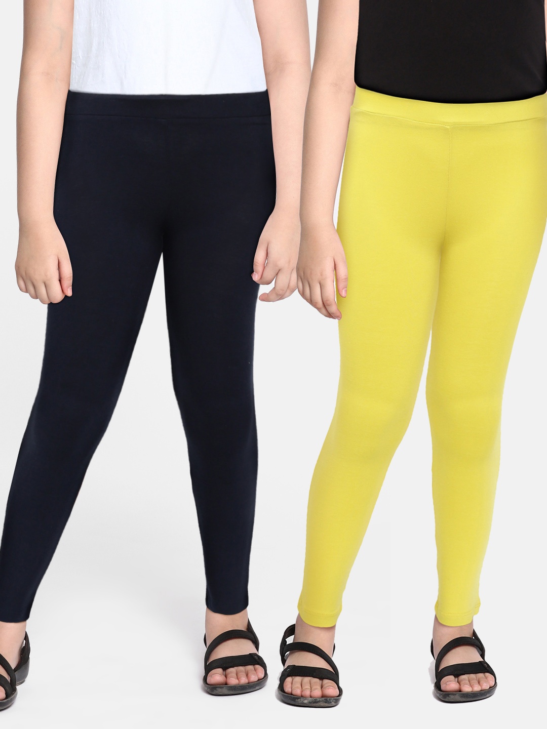 

HERE&NOW Girls Pack Of 2 Navy Blue & Yellow Solid Knitted Ankle Length Leggings