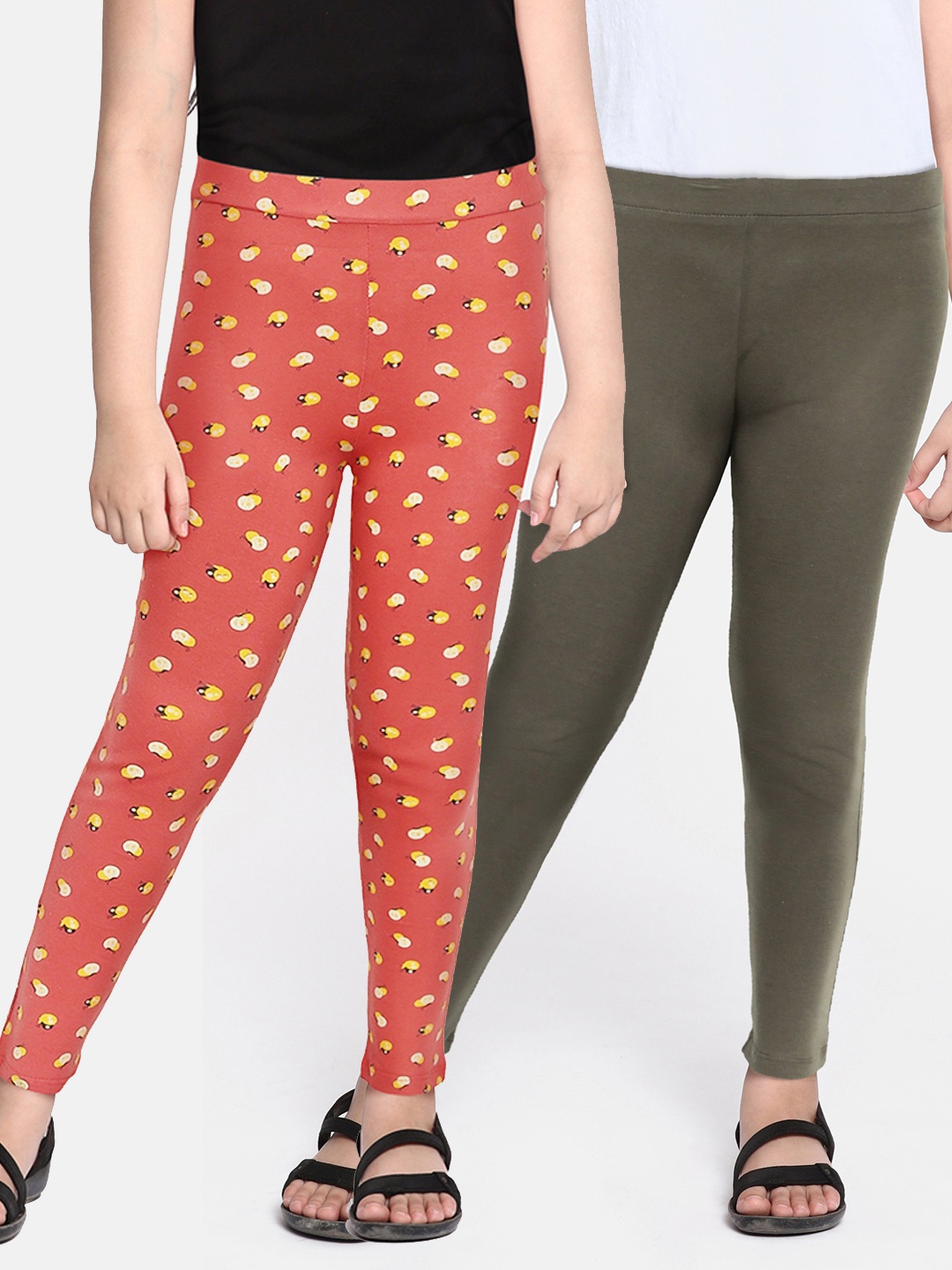 

HERE&NOW Girls Pack Of 2 Coral Pink & Grey Knitted Ankle Length Leggings