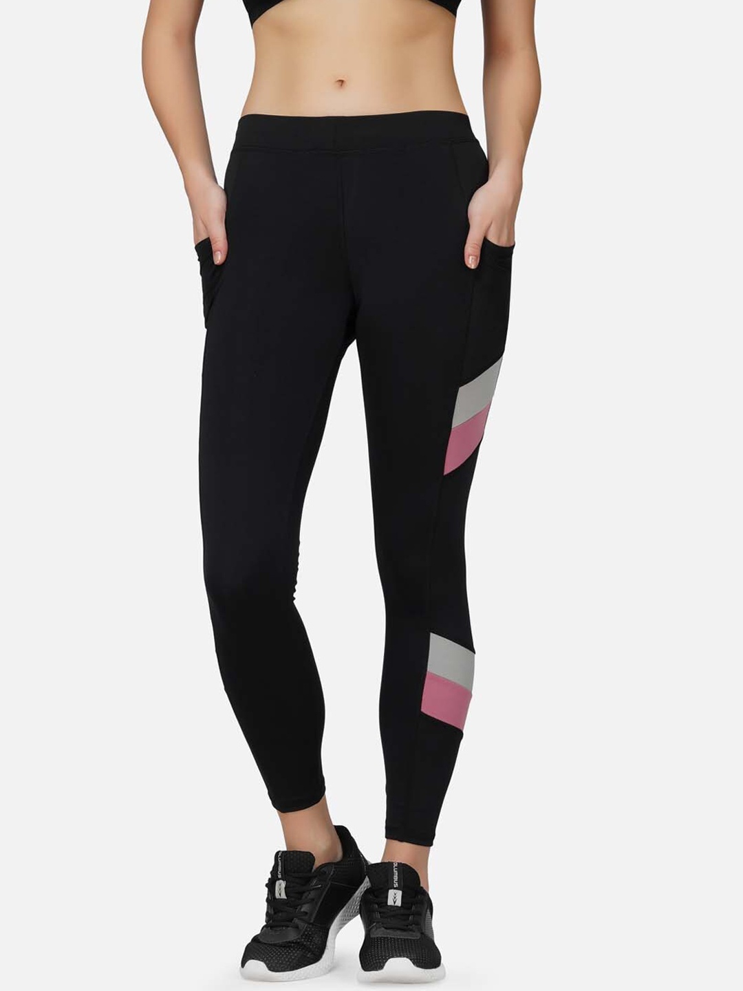 

IMPERATIVE Women Black Solid Slim Fit Mid-Rise Dry Fit Tights with Side Striped