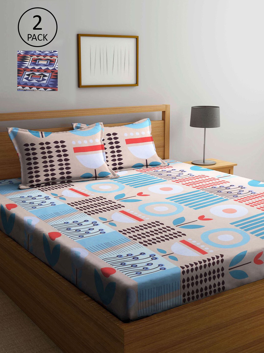 

KLOTTHE Blue & Pink Geometric 210 TC Set Of 2 King Bedsheet with 4 Pillow Covers