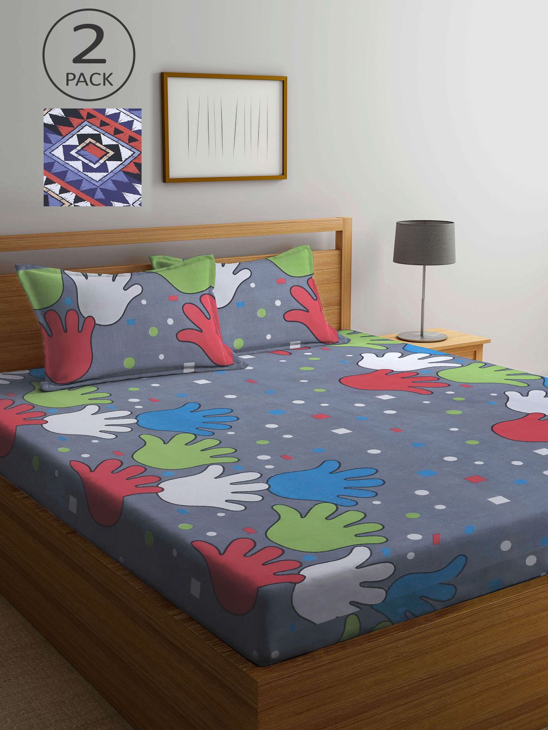 

KLOTTHE Grey & Blue Graphic 210 TC 2 King Bedsheets with 4 Pillow Covers