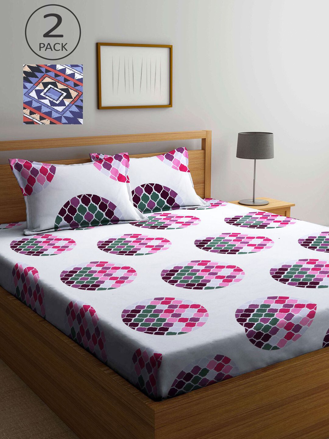 

KLOTTHE Pack Of 2 White & Pink 210 TC Geometric Double Bedsheet With 4 Pillow Covers