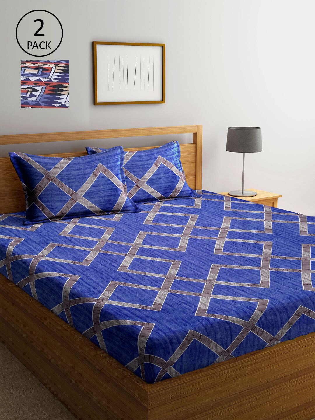 

KLOTTHE Blue & White Geometric 210 TC 2 King Bedsheet with 4 Pillow Covers