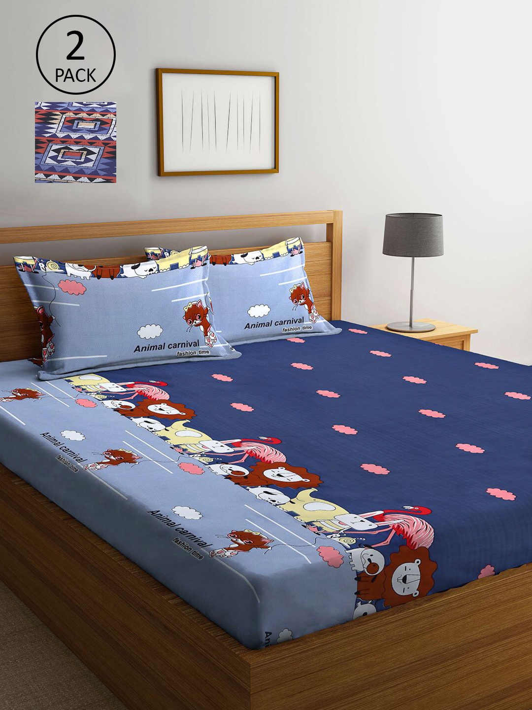 

KLOTTHE Blue & Brown Cartoon Characters 210 TC 2 King Bedsheet with 4 Pillow Covers