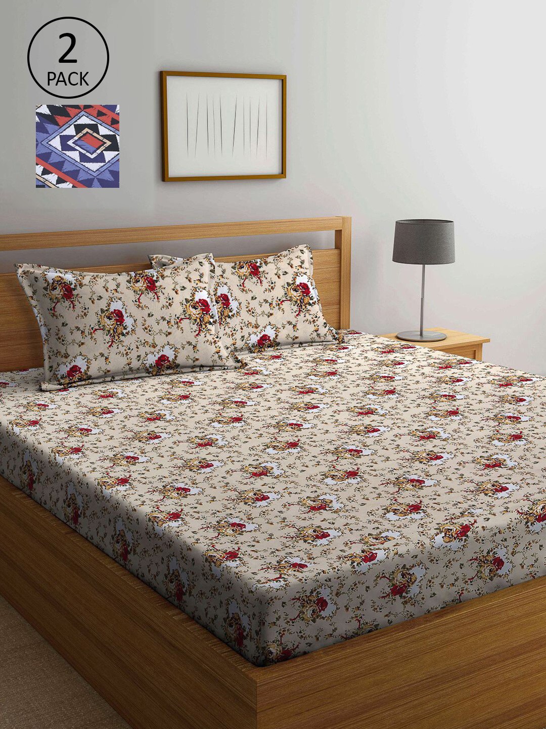 

KLOTTHE Brown & Blue Ethnic Motifs 210 TC 2 King Bedsheet with 4 Pillow Covers