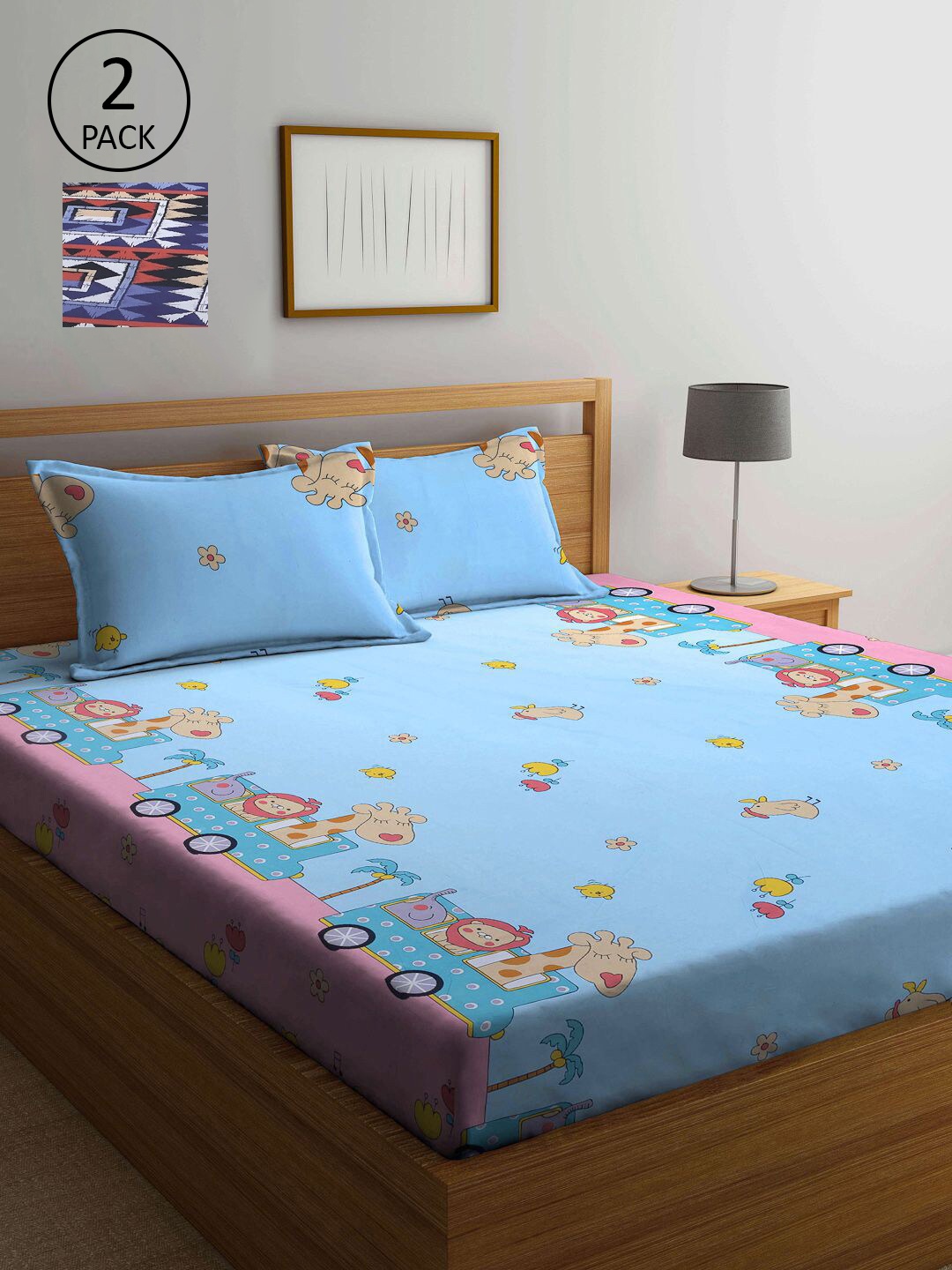 

KLOTTHE Blue & White Cartoon Characters 210 TC 2 King Bedsheet with 4 Pillow Covers