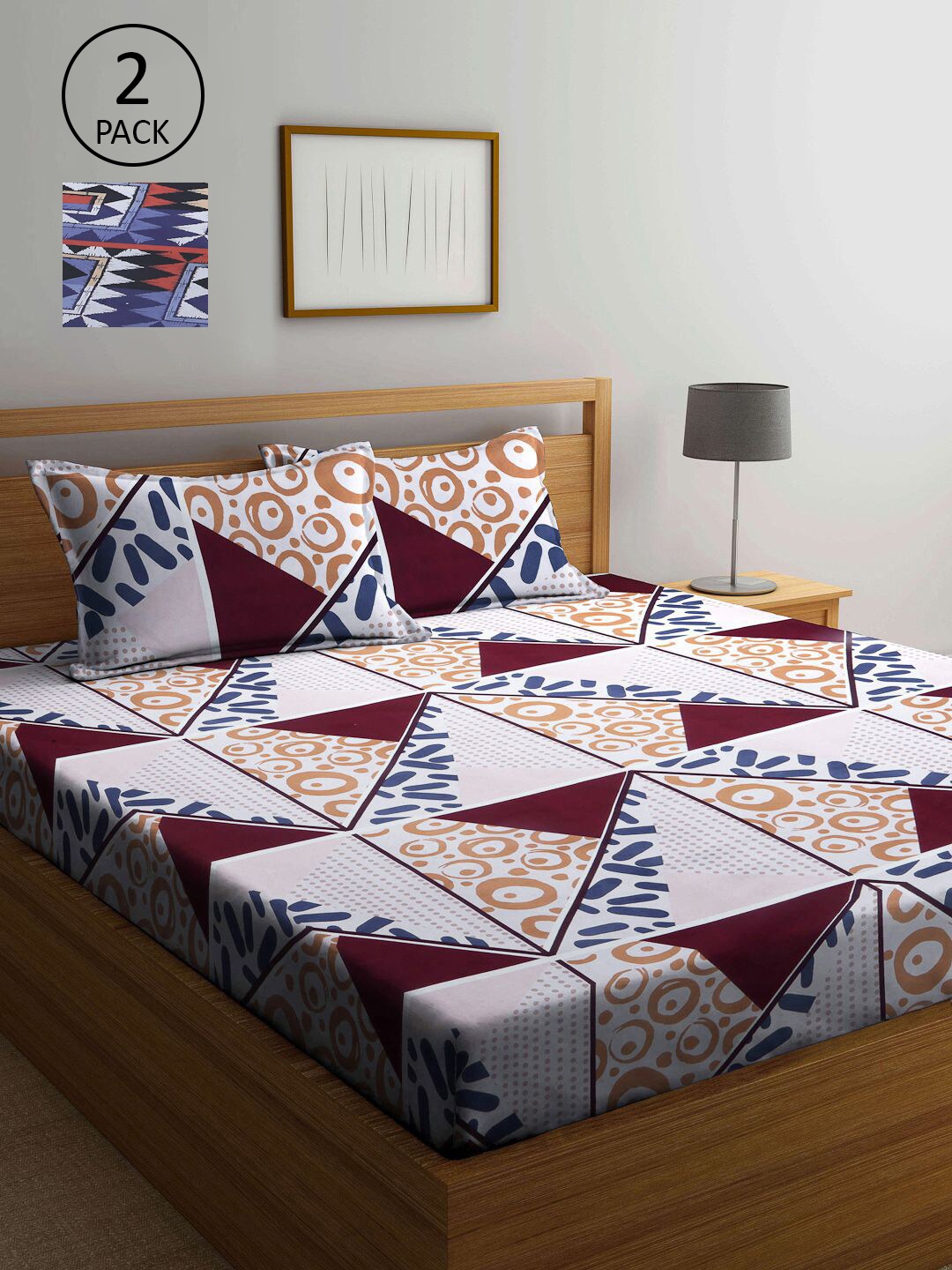 

KLOTTHE Blue & White Geometric 210 TC 2 King Bedsheet with 4 Pillow Covers