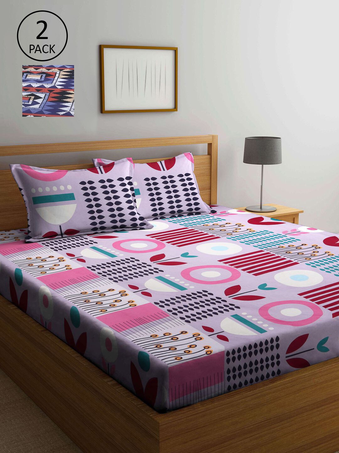 

KLOTTHE Pink & Blue Geometric 210 TC 2 King Bedsheet with 4 Pillow Covers