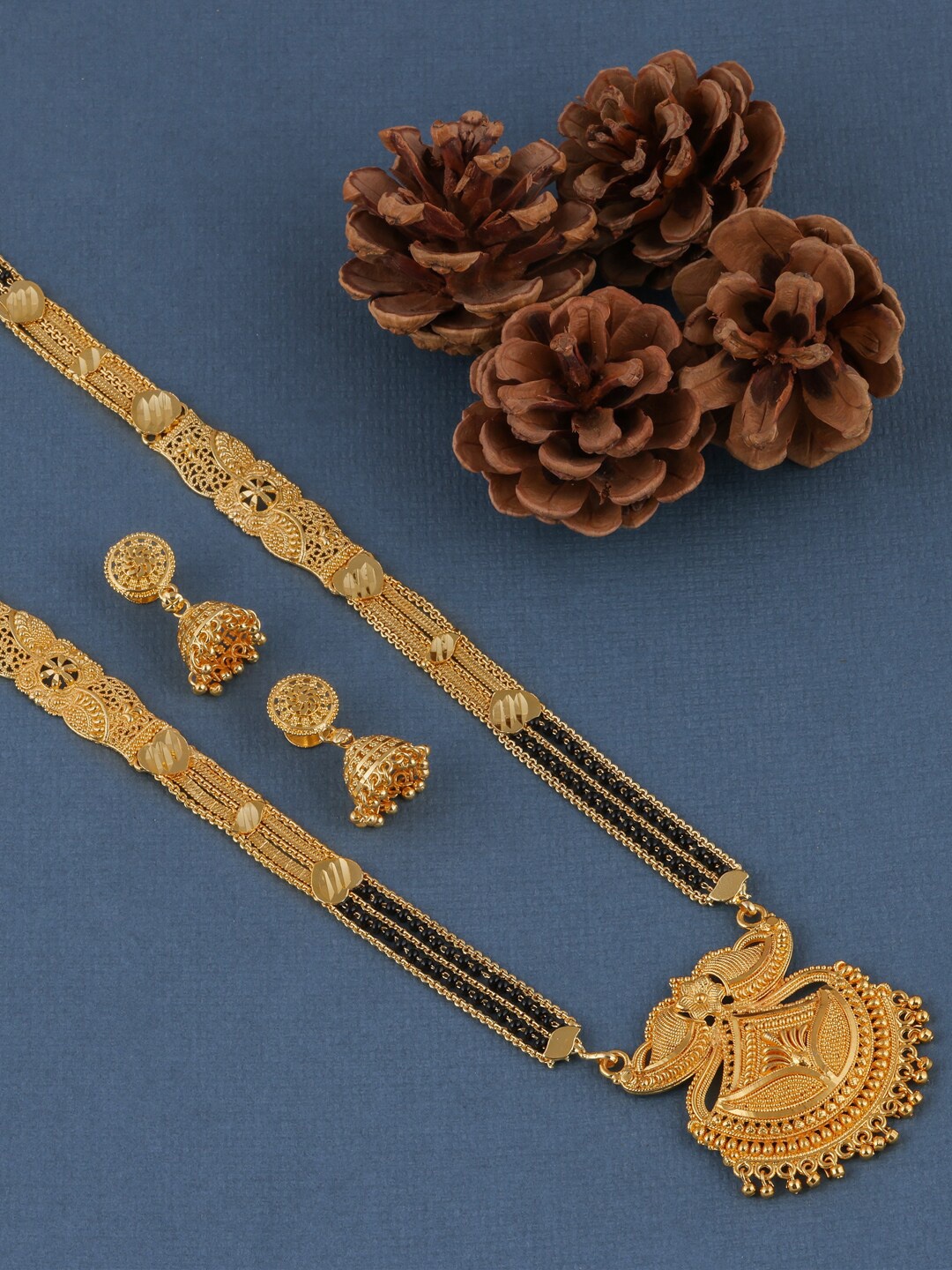 

Brandsoon Gold-Plated Black Beaded Mangalsutra With Earrings