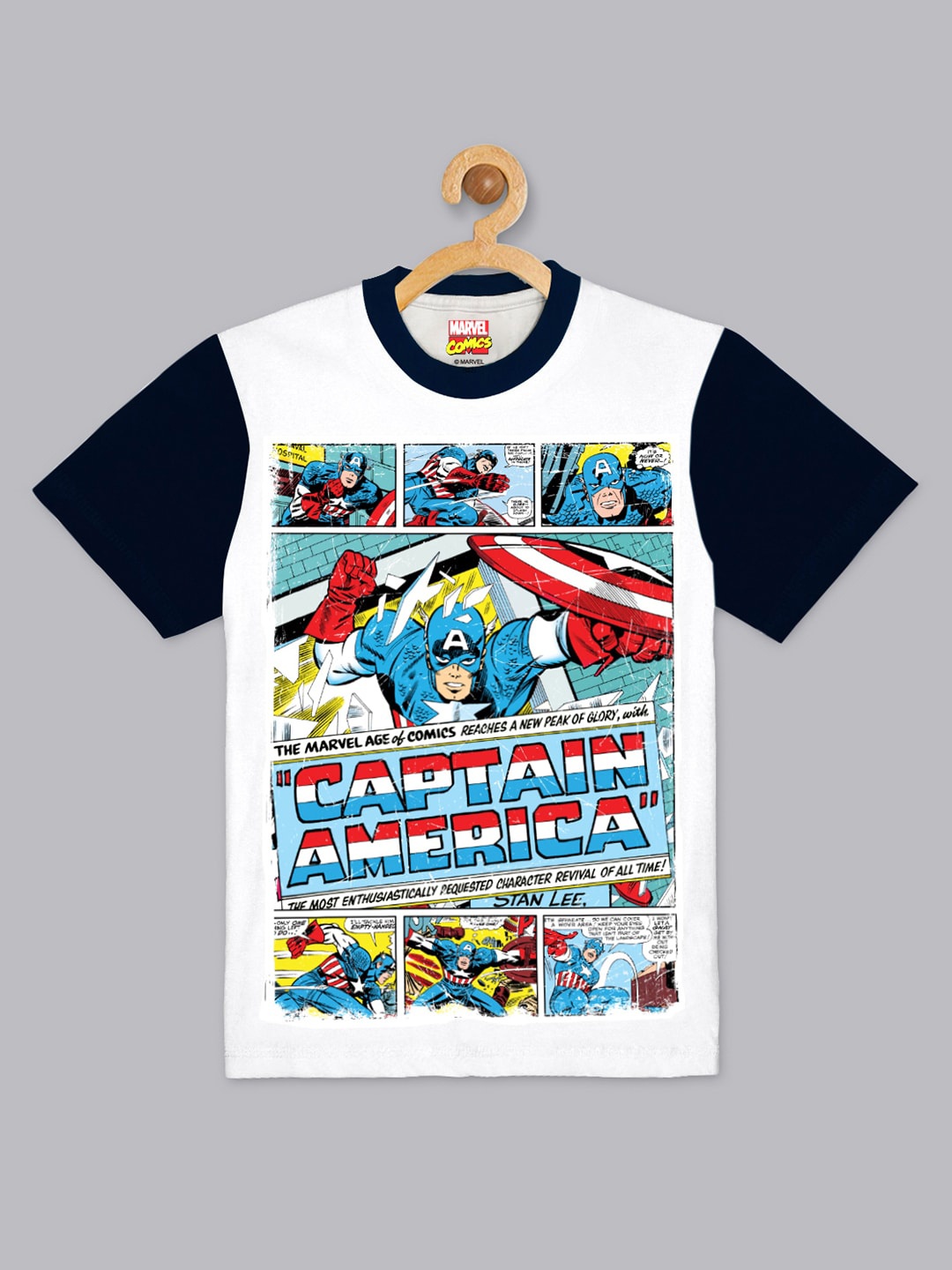 

Kids Ville Boys White & Navy Blue Captain America Printed T-shirt