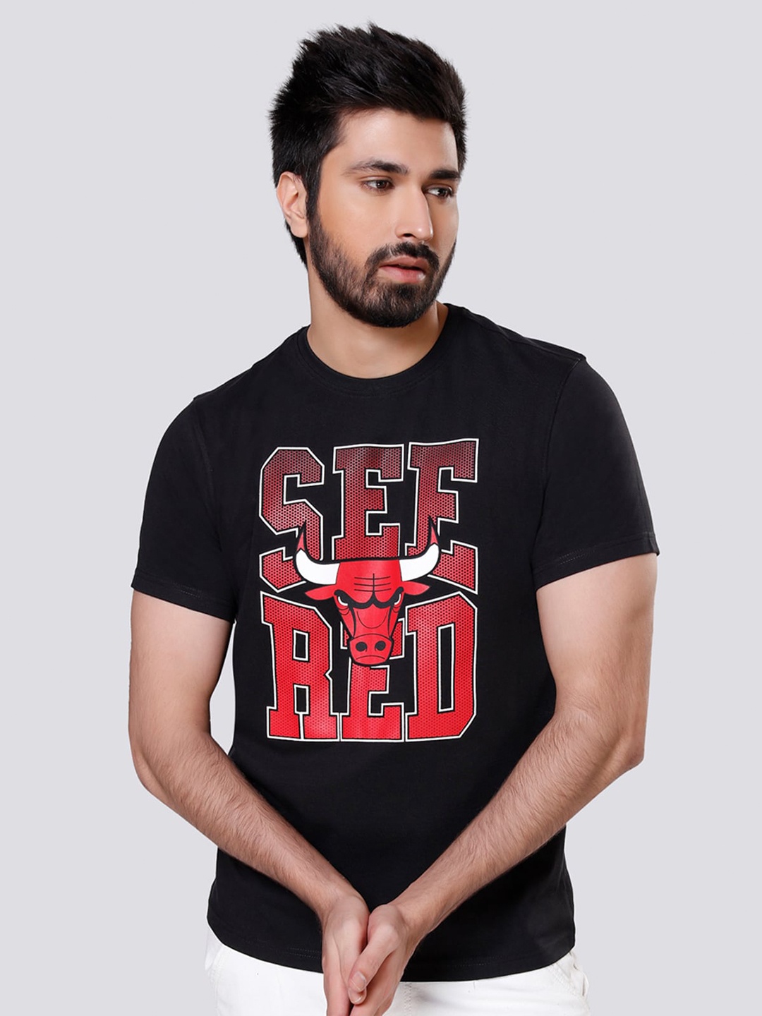 

NBA Men Black & Red Typography Printed Sublimation Cotton T-shirt