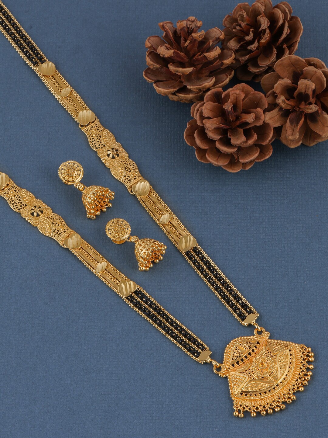 

Brandsoon Gold-Plated Black Beaded Mangalsutra With Earrings