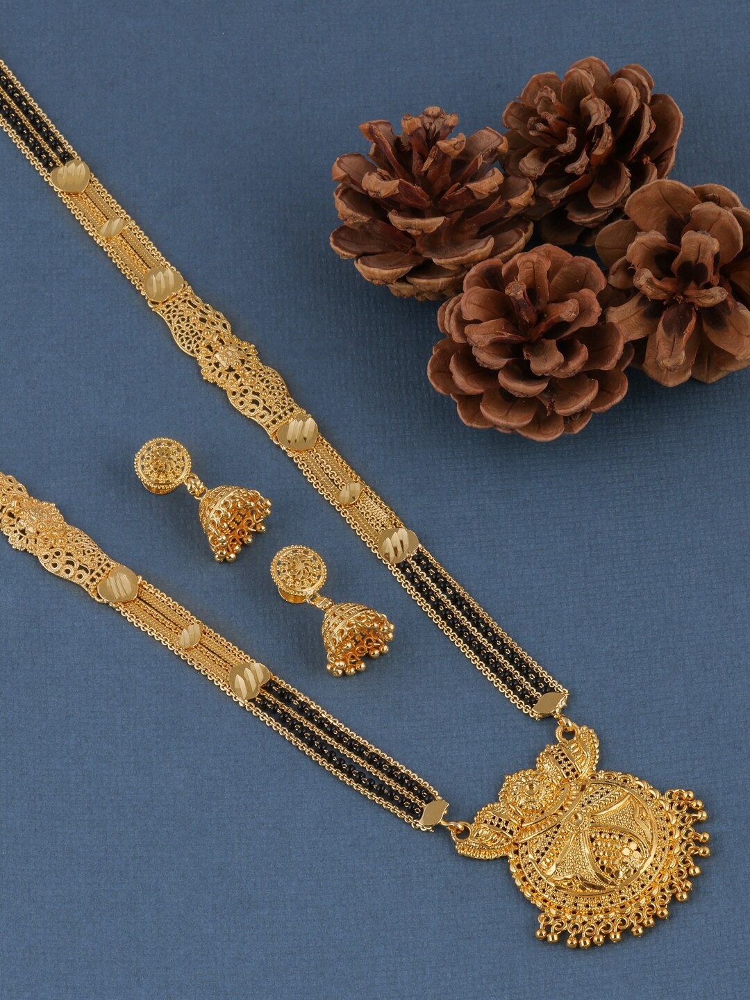 

Brandsoon Gold-Plated & Black Beaded Mangalsutra With Earring