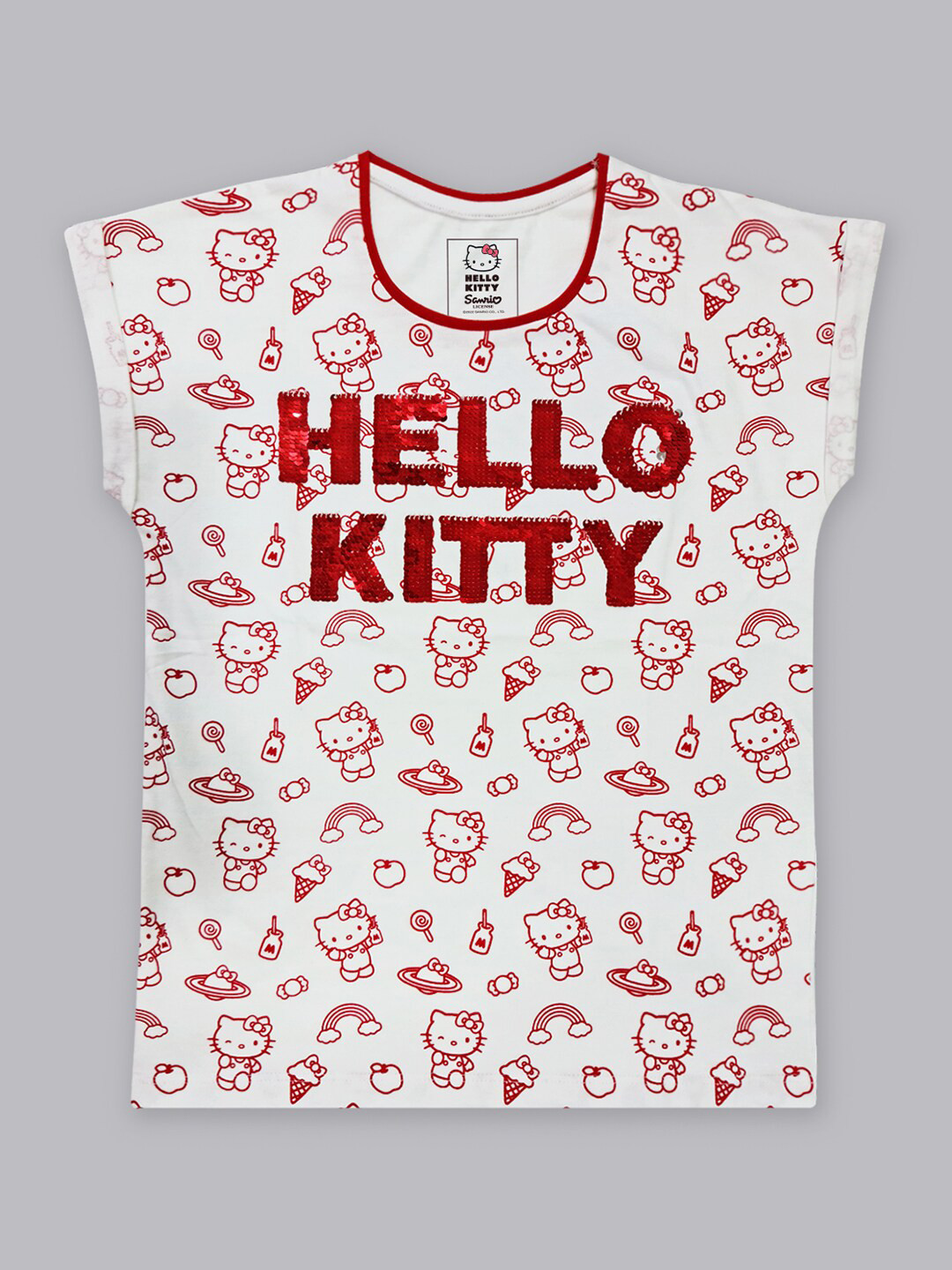 

Kids Ville Girls White & Red Hello Kitty Printed Cotton T-shirt