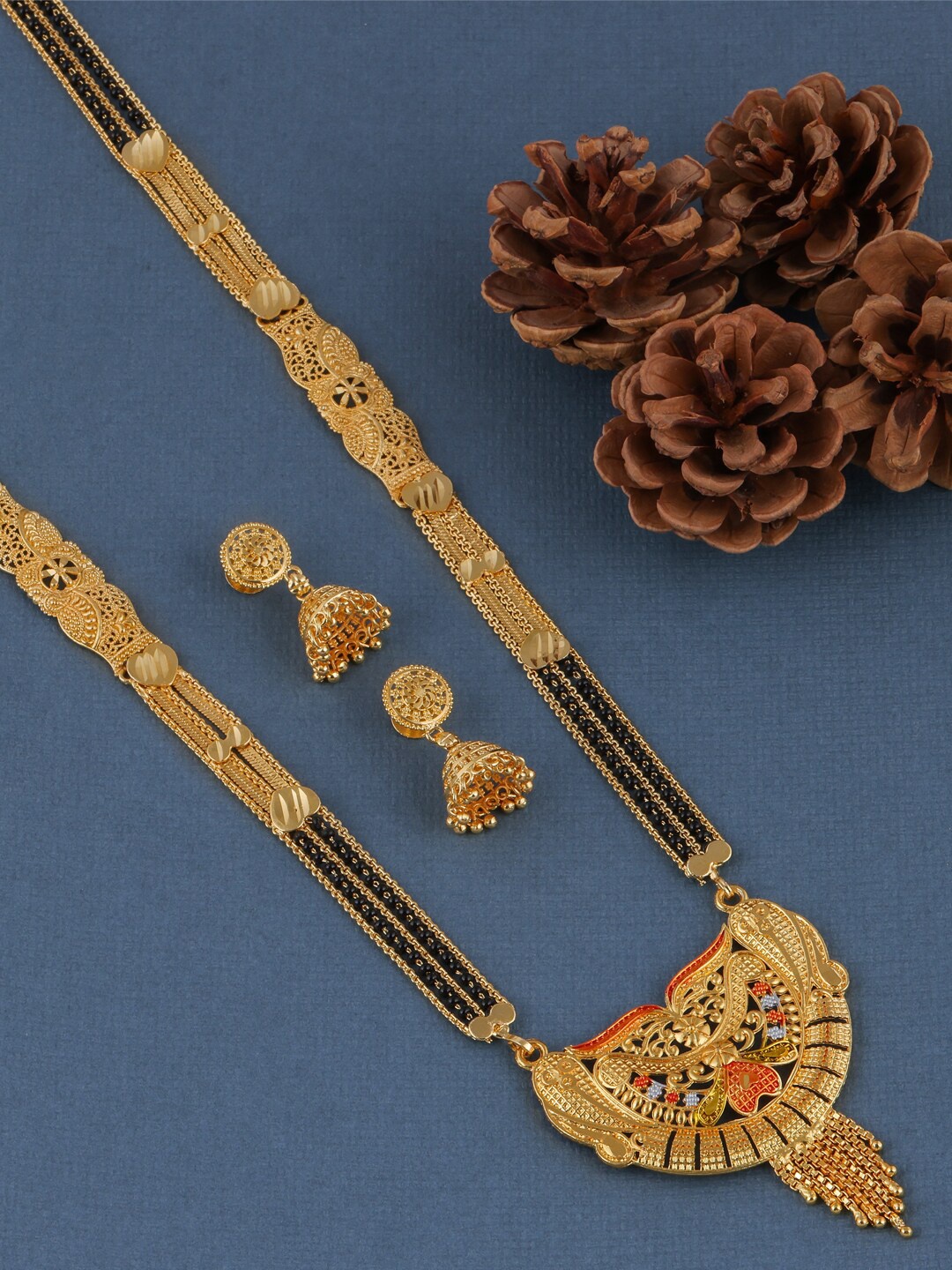

Brandsoon Gold-Plated Black Beaded Mangalsutra With Earrings