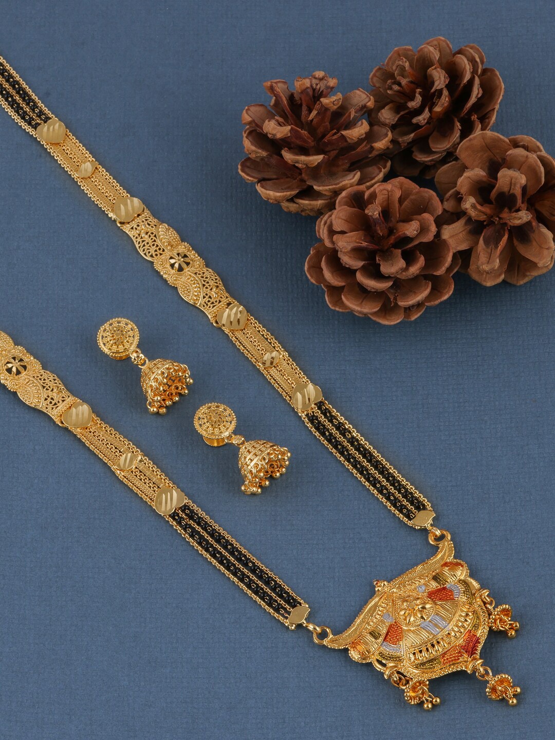 

Brandsoon Gold-Plated & Black Beaded Mangalsutra With Earrings
