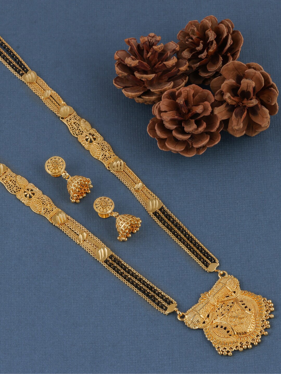 

Brandsoon Gold-Plated & Black Beaded Mangalsutra With Earrings