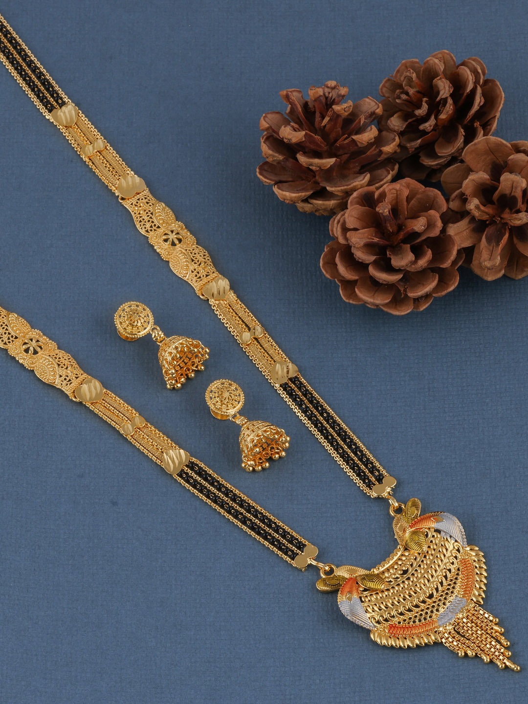 

Brandsoon Gold-Plated & Black Beaded Mangalsutra With Earrings