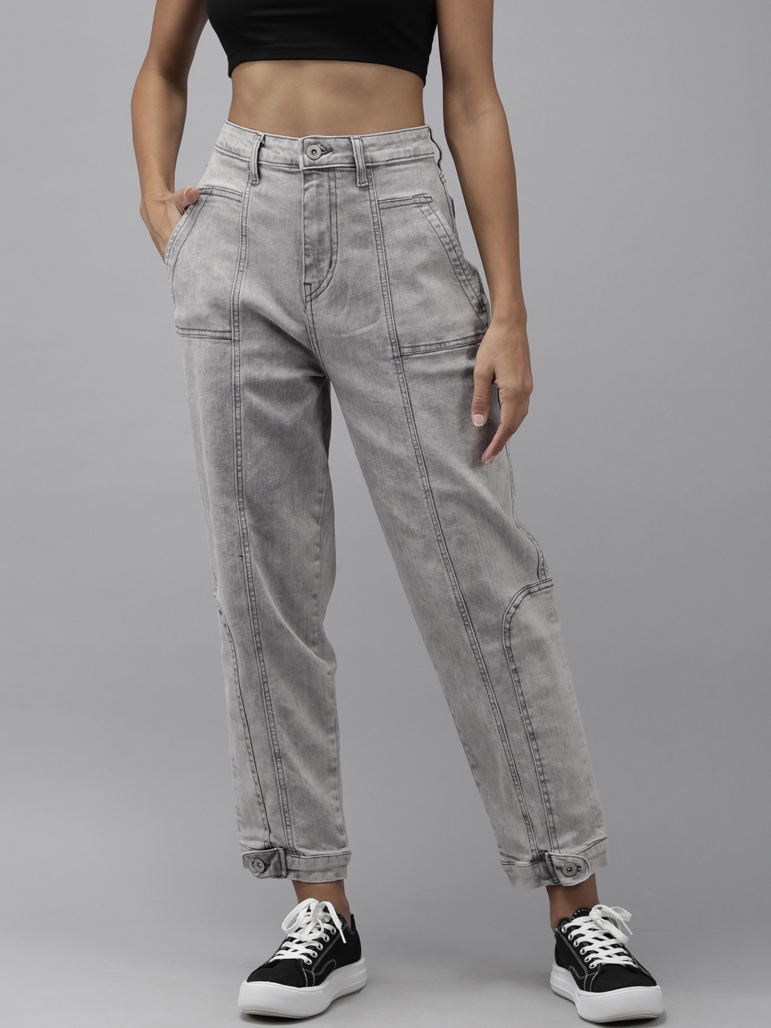 

Roadster Women Grey Slouchy High-Rise Anti Microbial Heavy Fade Stretchable Jeans