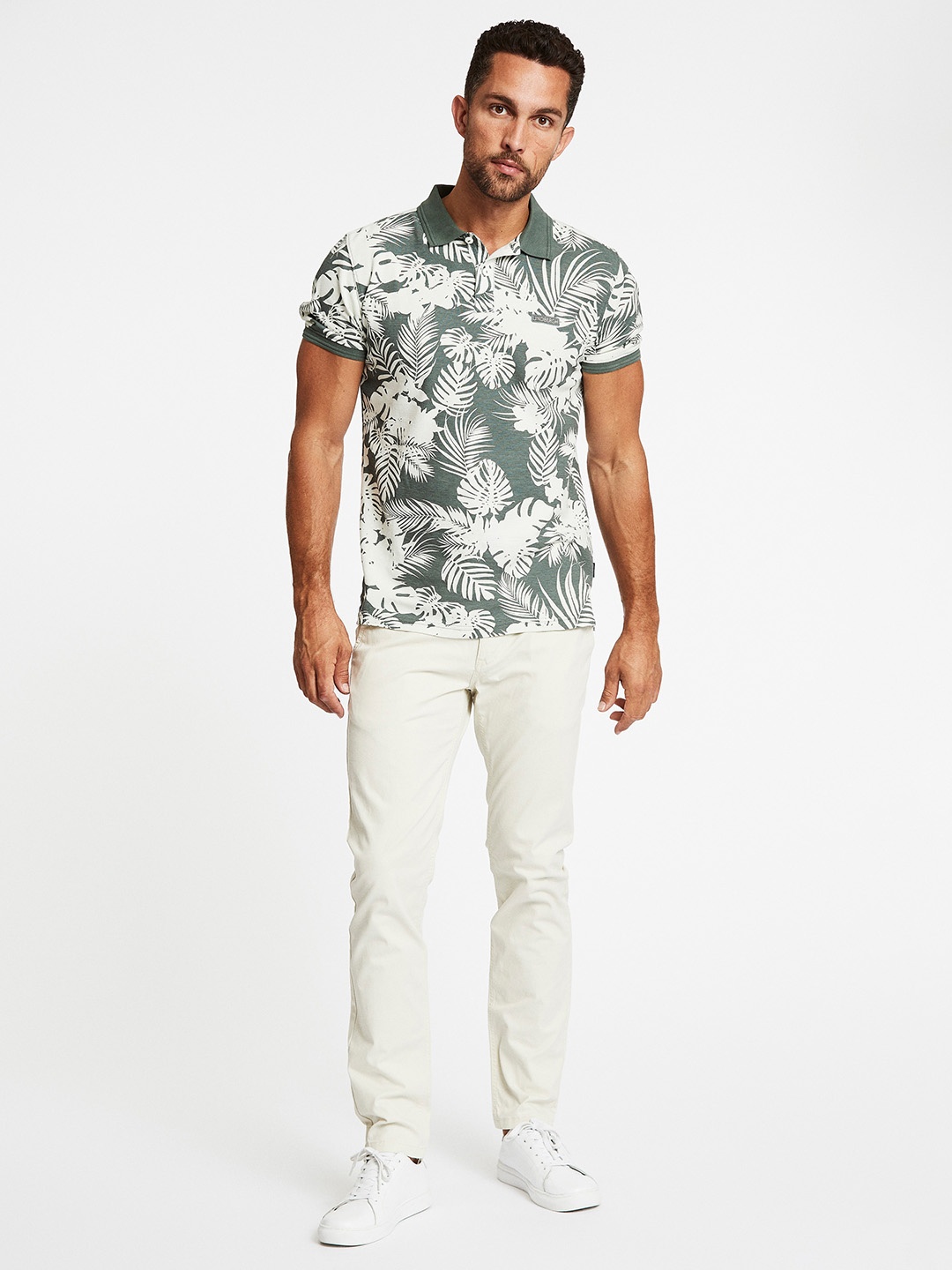 

LINDBERGH Men Green & White Floral Printed Polo Collar Tropical T-shirt