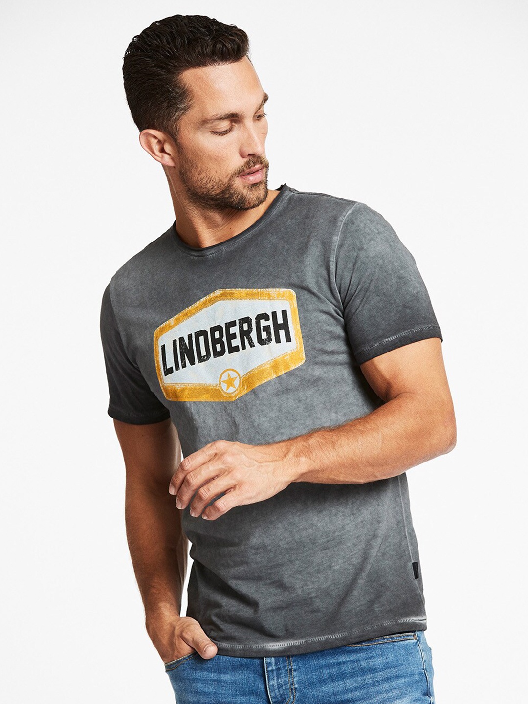 

LINDBERGH Men Black & Yellow Printed Combed Cotton T-shirt
