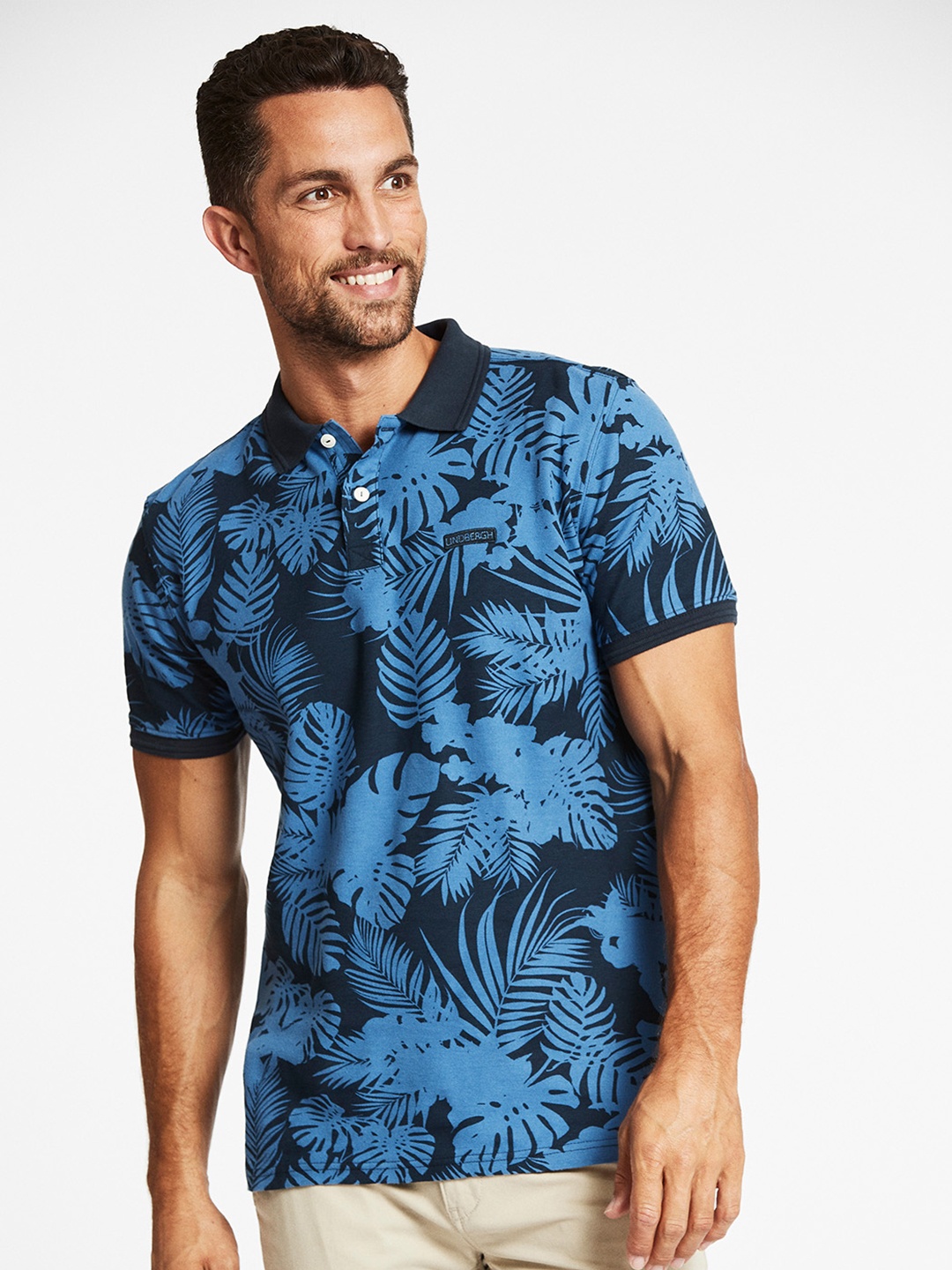 

LINDBERGH Men Navy Blue Floral Printed Polo Collar Tropical T-shirt