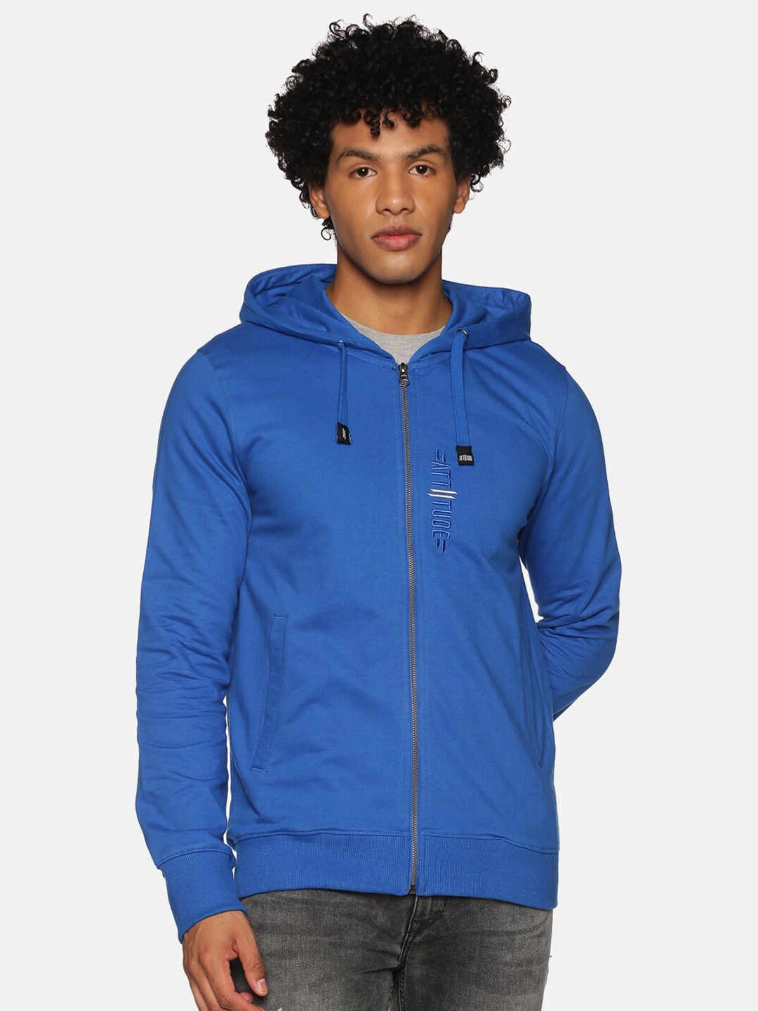 

ATTIITUDE Men Blue Hooded Pure Cotton Sweatshirt
