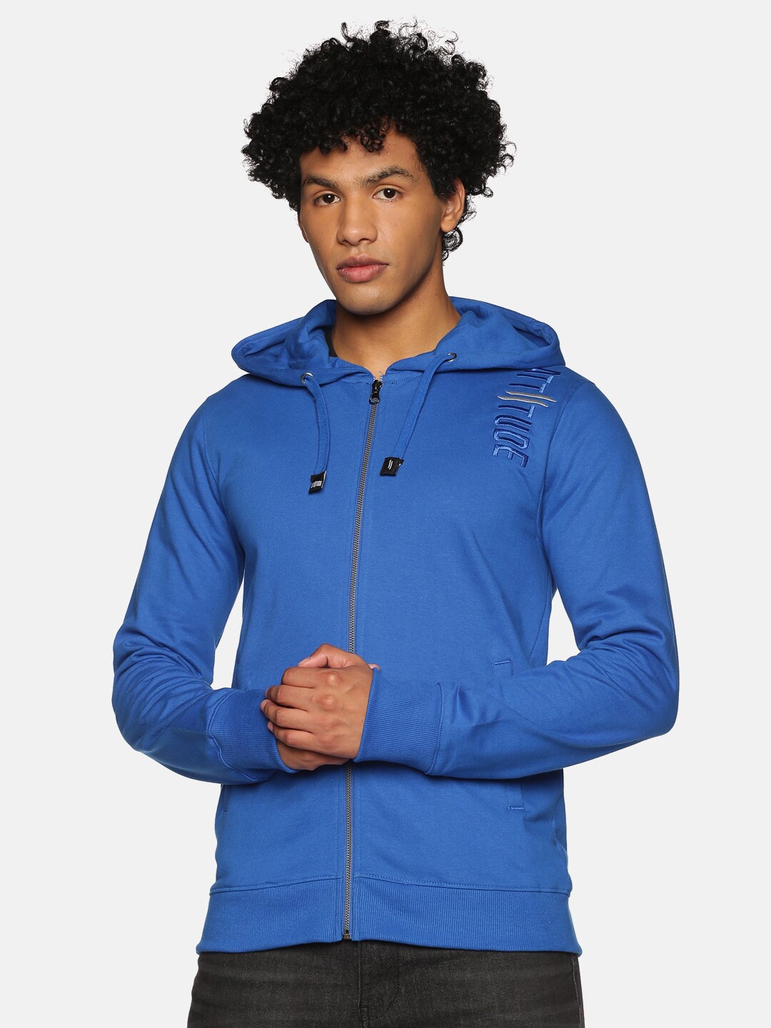 

ATTIITUDE Men Blue Hooded Pure Cotton Sweatshirt