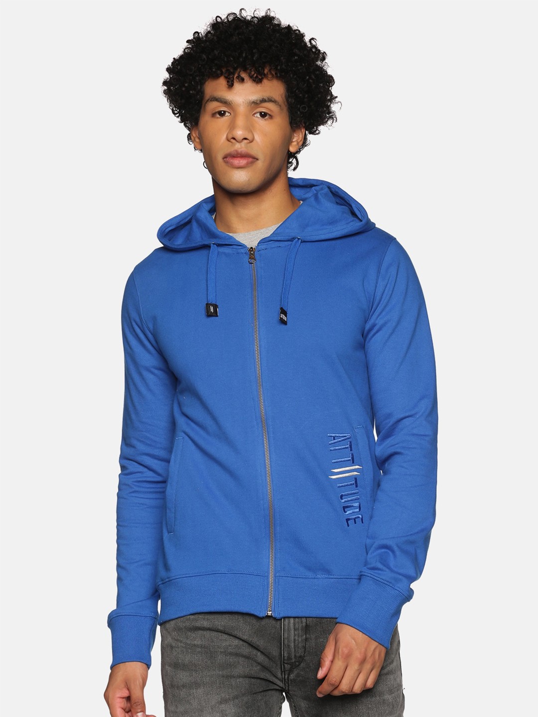 

ATTIITUDE Men Blue Hooded Pure Cotton Sweatshirt