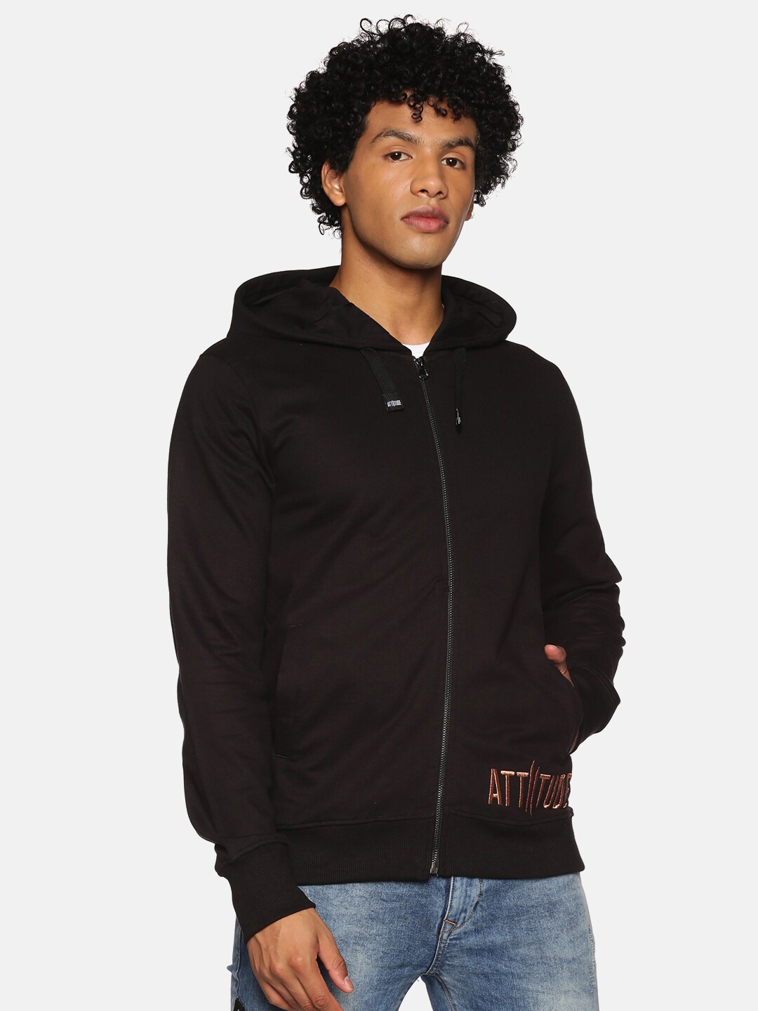 

ATTIITUDE Men Black Hooded Embroidered Cotton Sweatshirt