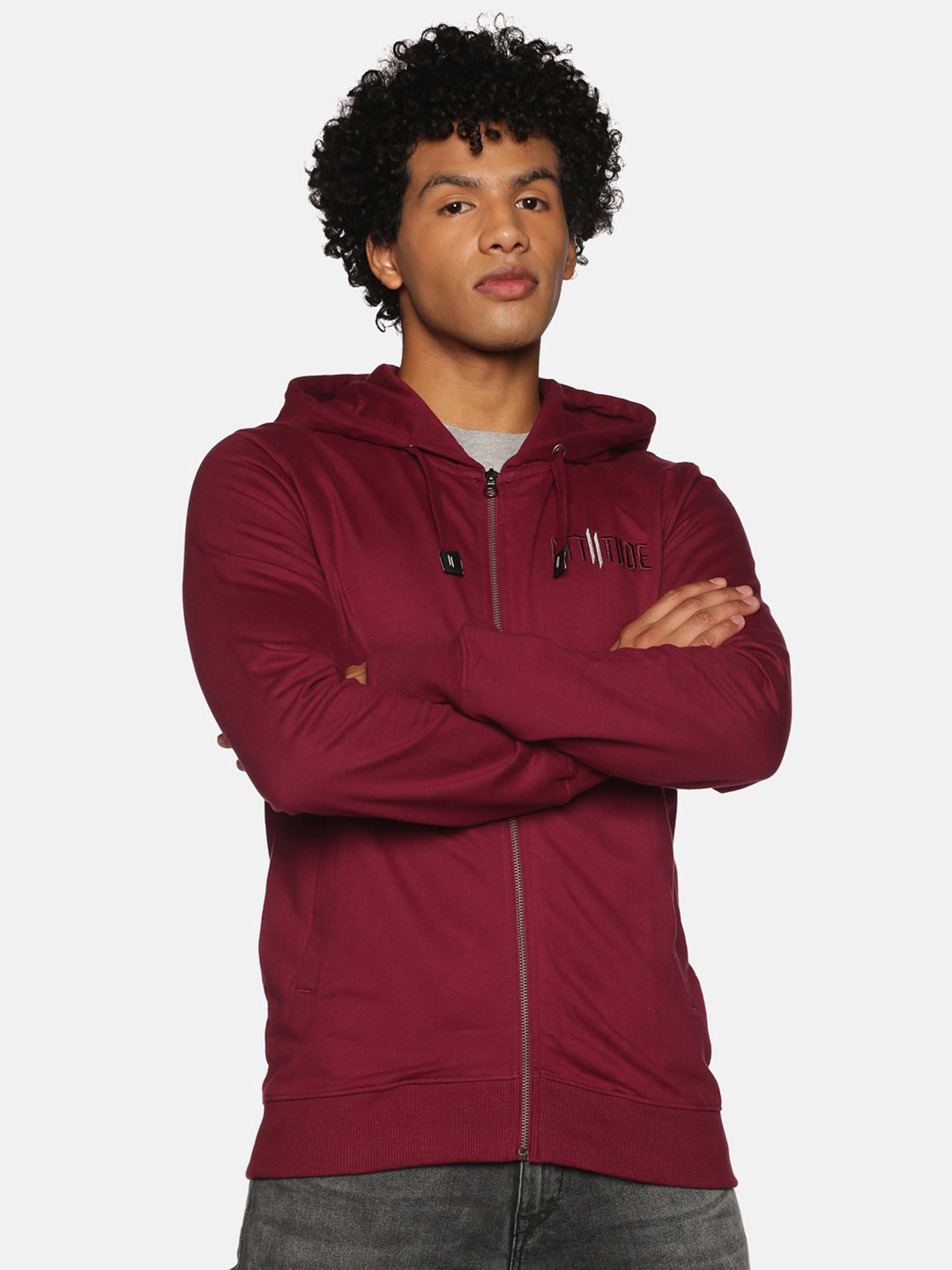 

ATTIITUDE Men Maroon Hooded Pure Cotton Sweatshirt