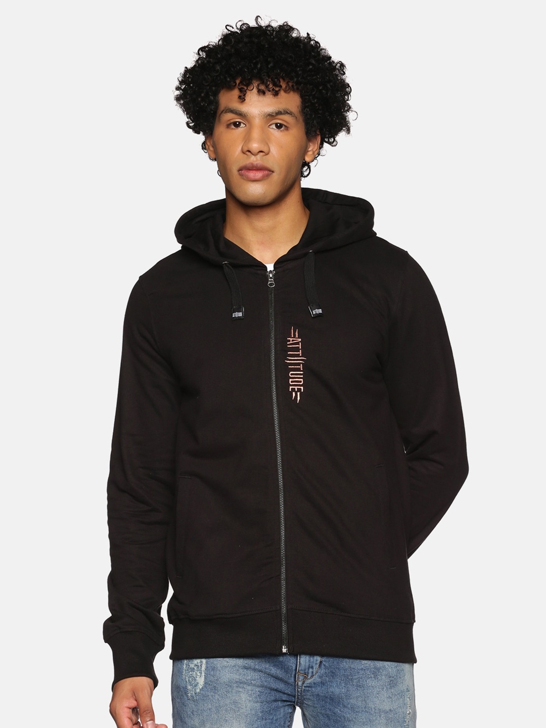 

ATTIITUDE Men Black Hooded Embroidered Cotton Sweatshirt