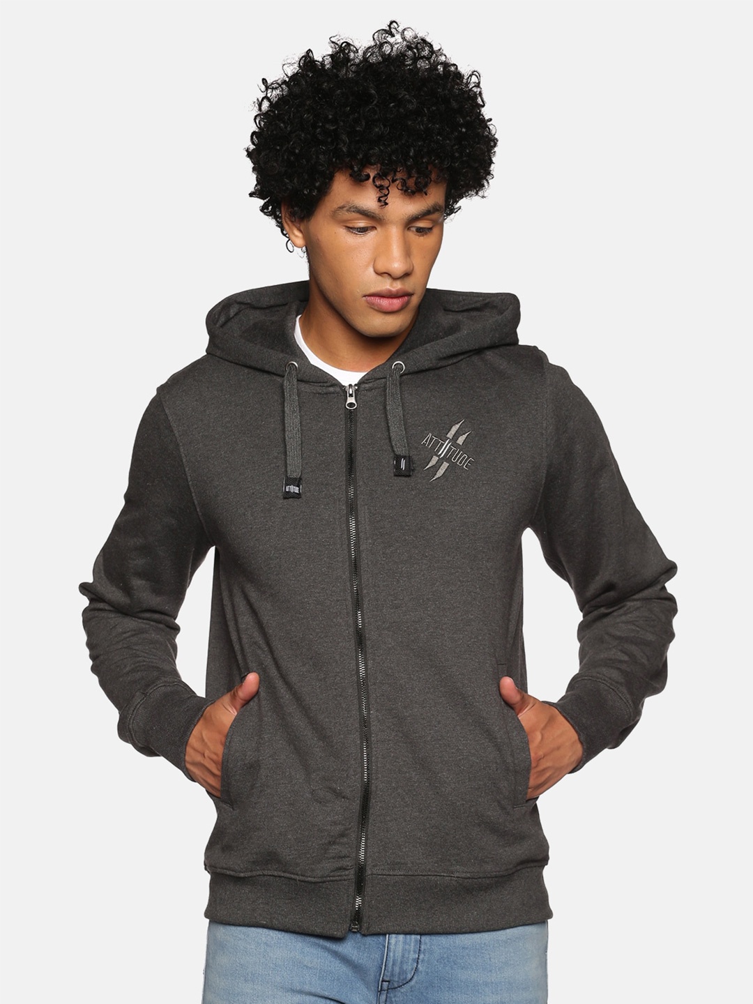 

ATTIITUDE Men Charcoal Hooded Cotton Sweatshirt
