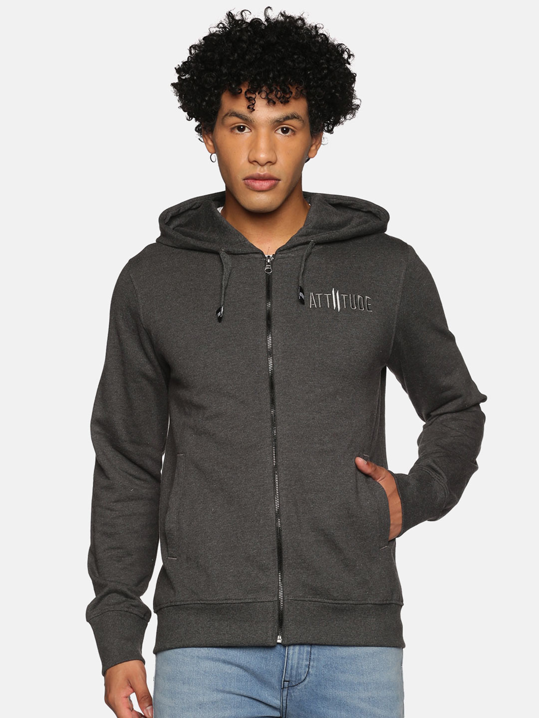 

ATTIITUDE Men Charcoal Hooded Cotton Sweatshirt
